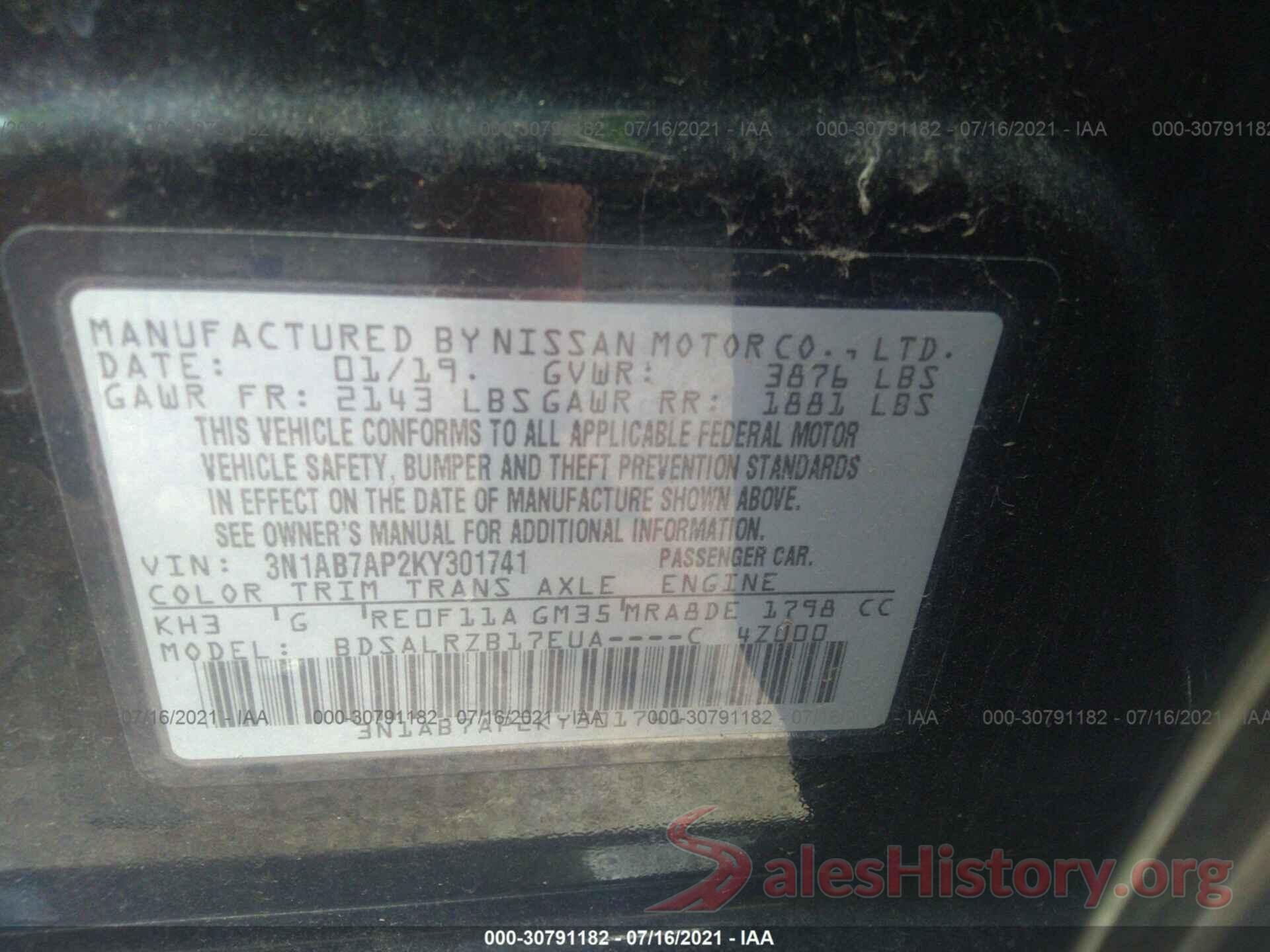 3N1AB7AP2KY301741 2019 NISSAN SENTRA