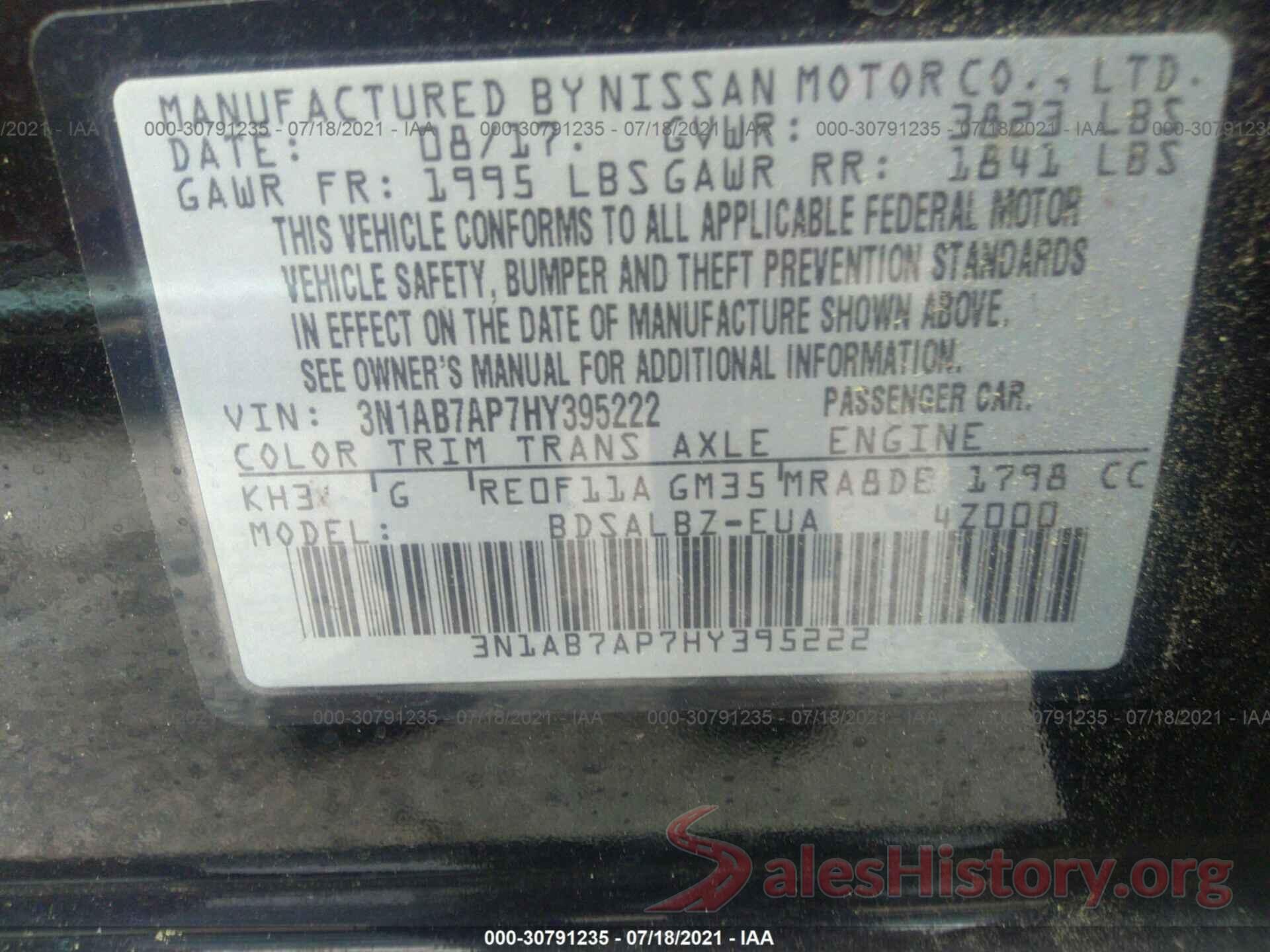 3N1AB7AP7HY395222 2017 NISSAN SENTRA