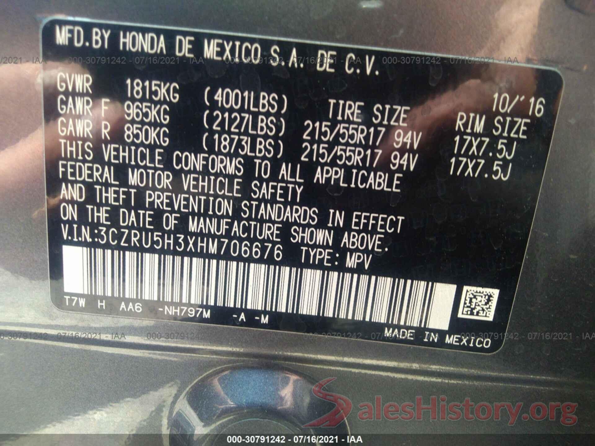 3CZRU5H3XHM706676 2017 HONDA HR-V