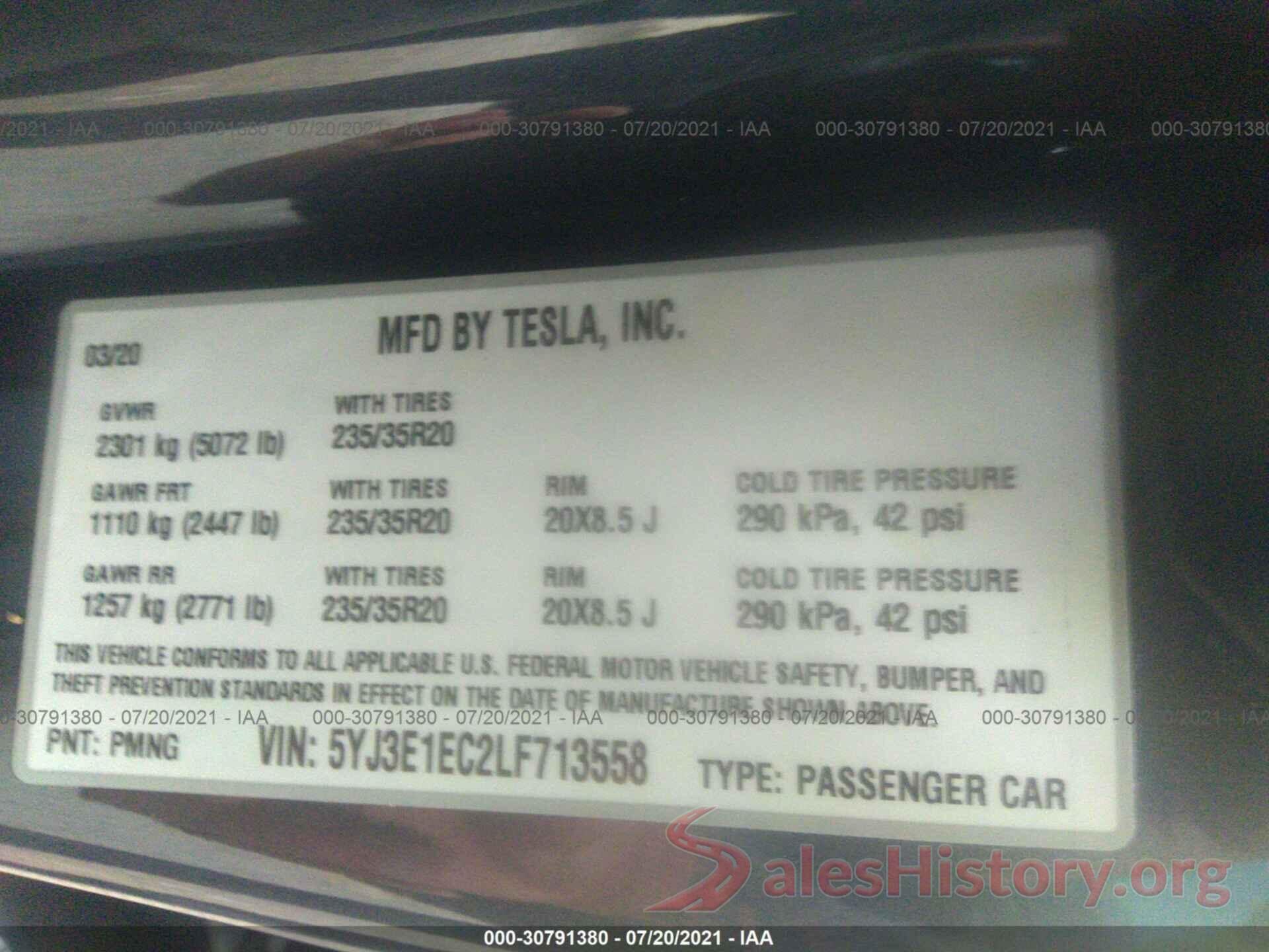 5YJ3E1EC2LF713558 2020 TESLA MODEL 3