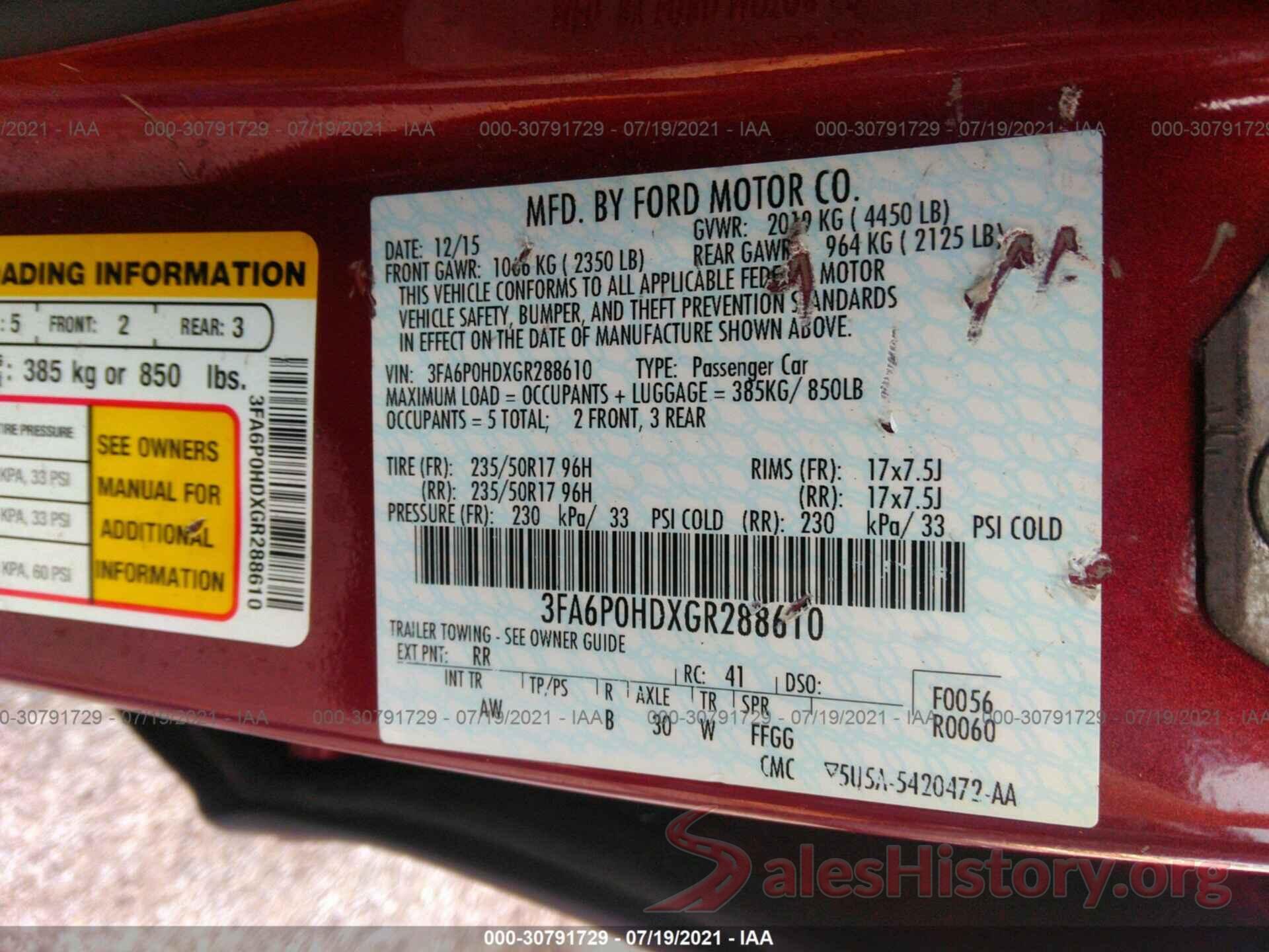 3FA6P0HDXGR288610 2016 FORD FUSION