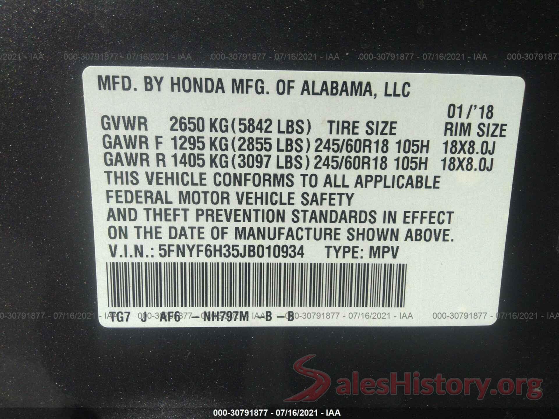 5FNYF6H35JB010934 2018 HONDA PILOT