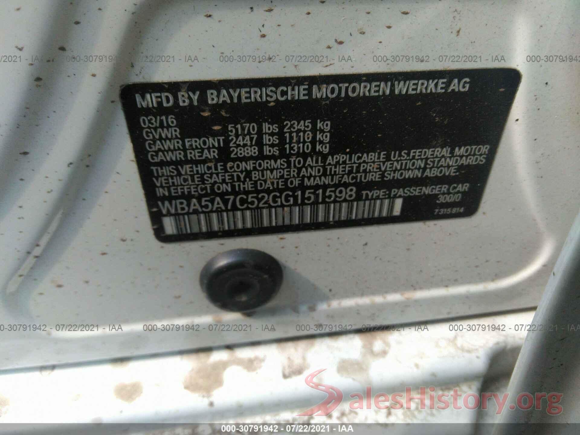 WBA5A7C52GG151598 2016 BMW 5 SERIES