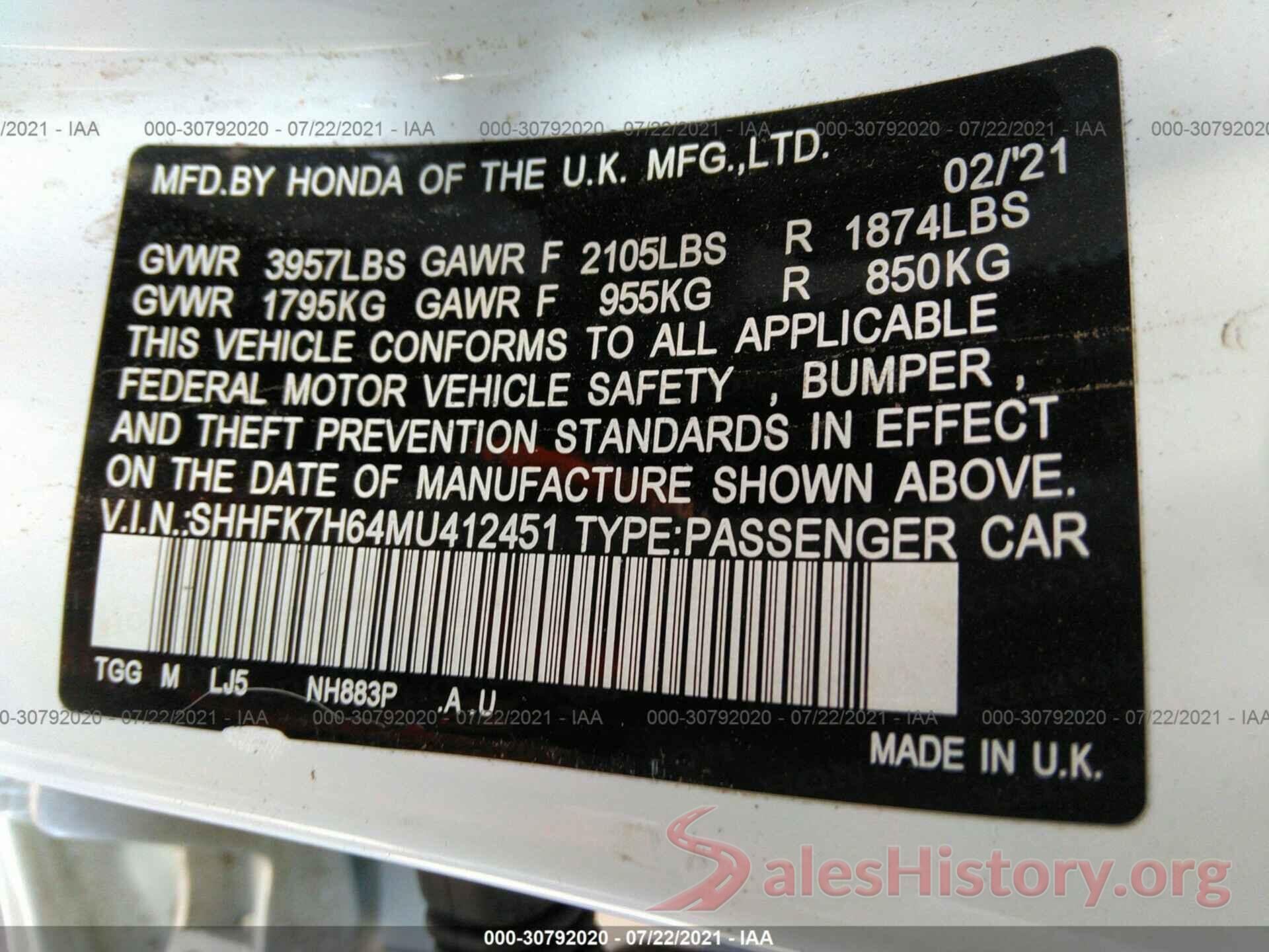 SHHFK7H64MU412451 2021 HONDA CIVIC HATCHBACK