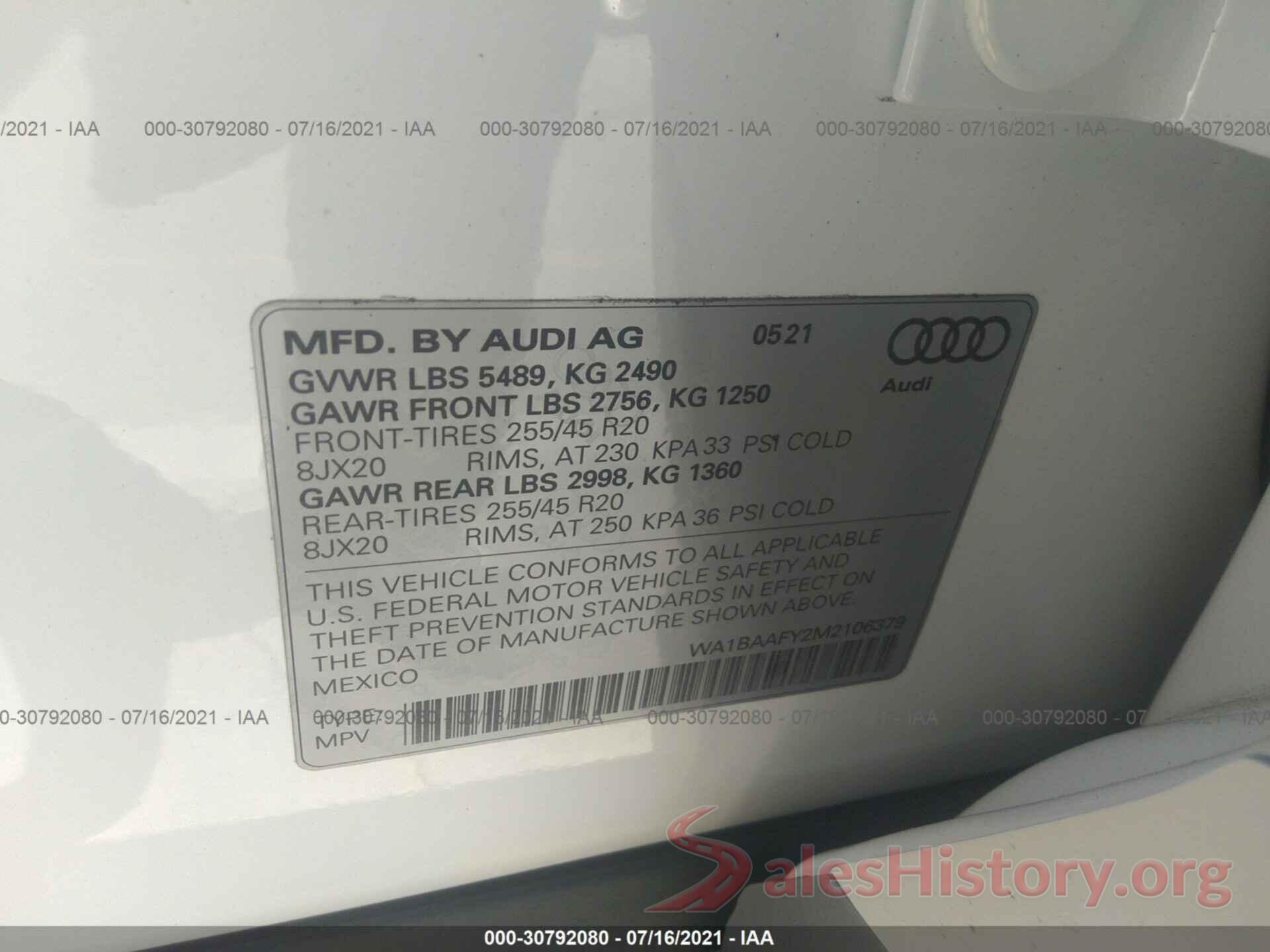 WA1BAAFY2M2106379 2021 AUDI Q5