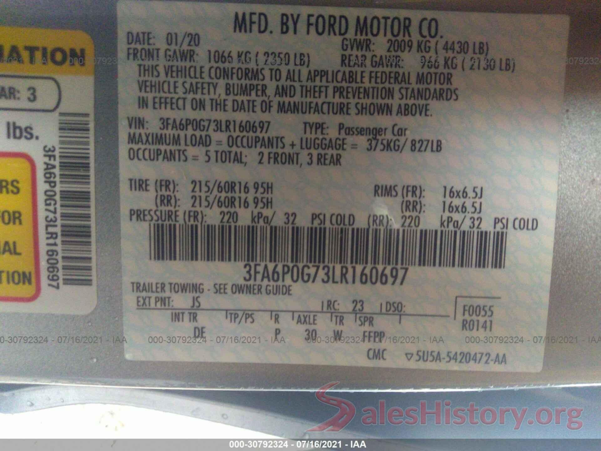 3FA6P0G73LR160697 2020 FORD FUSION