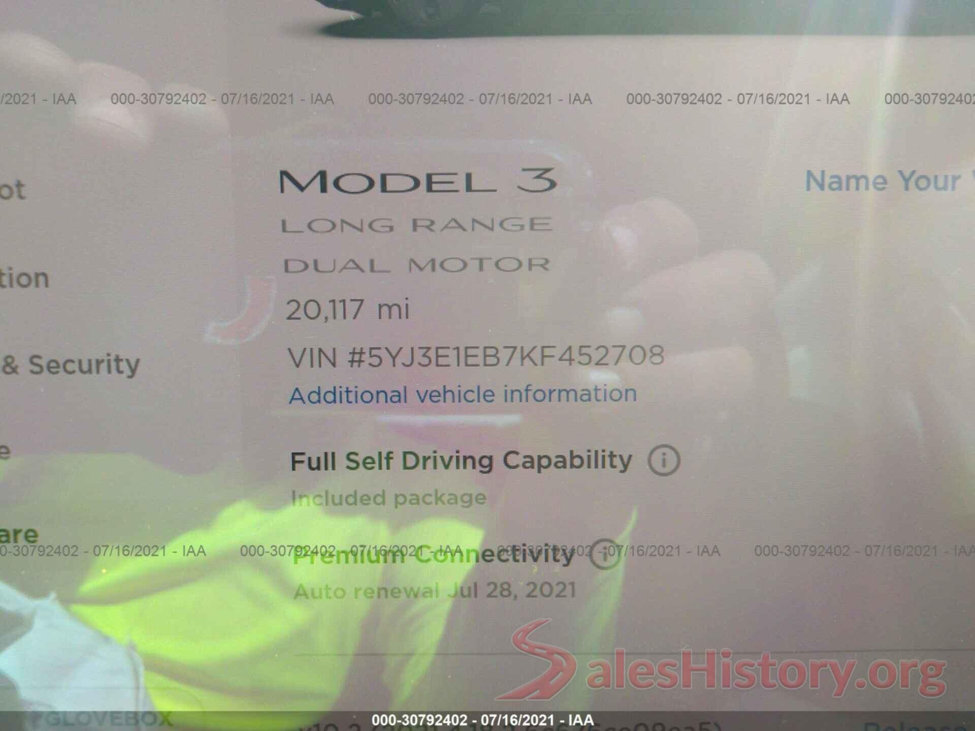 5YJ3E1EB7KF452708 2019 TESLA MODEL 3