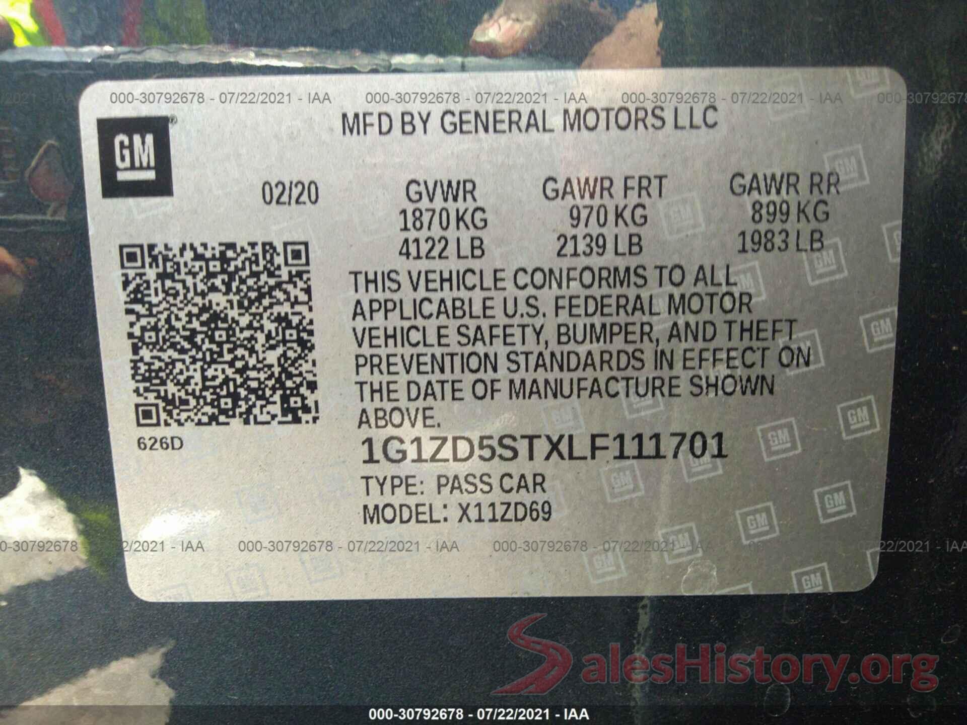 1G1ZD5STXLF111701 2020 CHEVROLET MALIBU