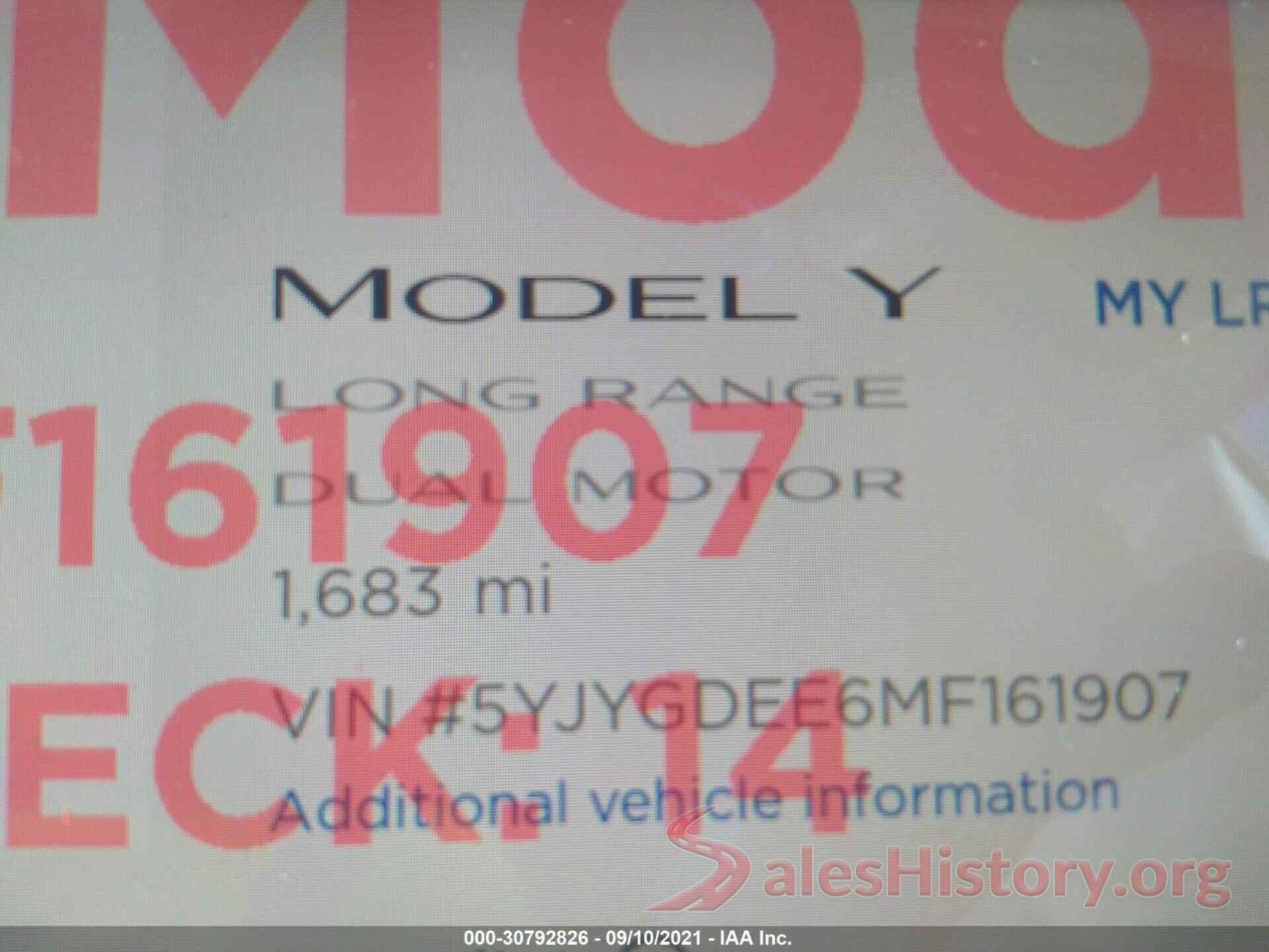 5YJYGDEE6MF161907 2021 TESLA MODEL Y