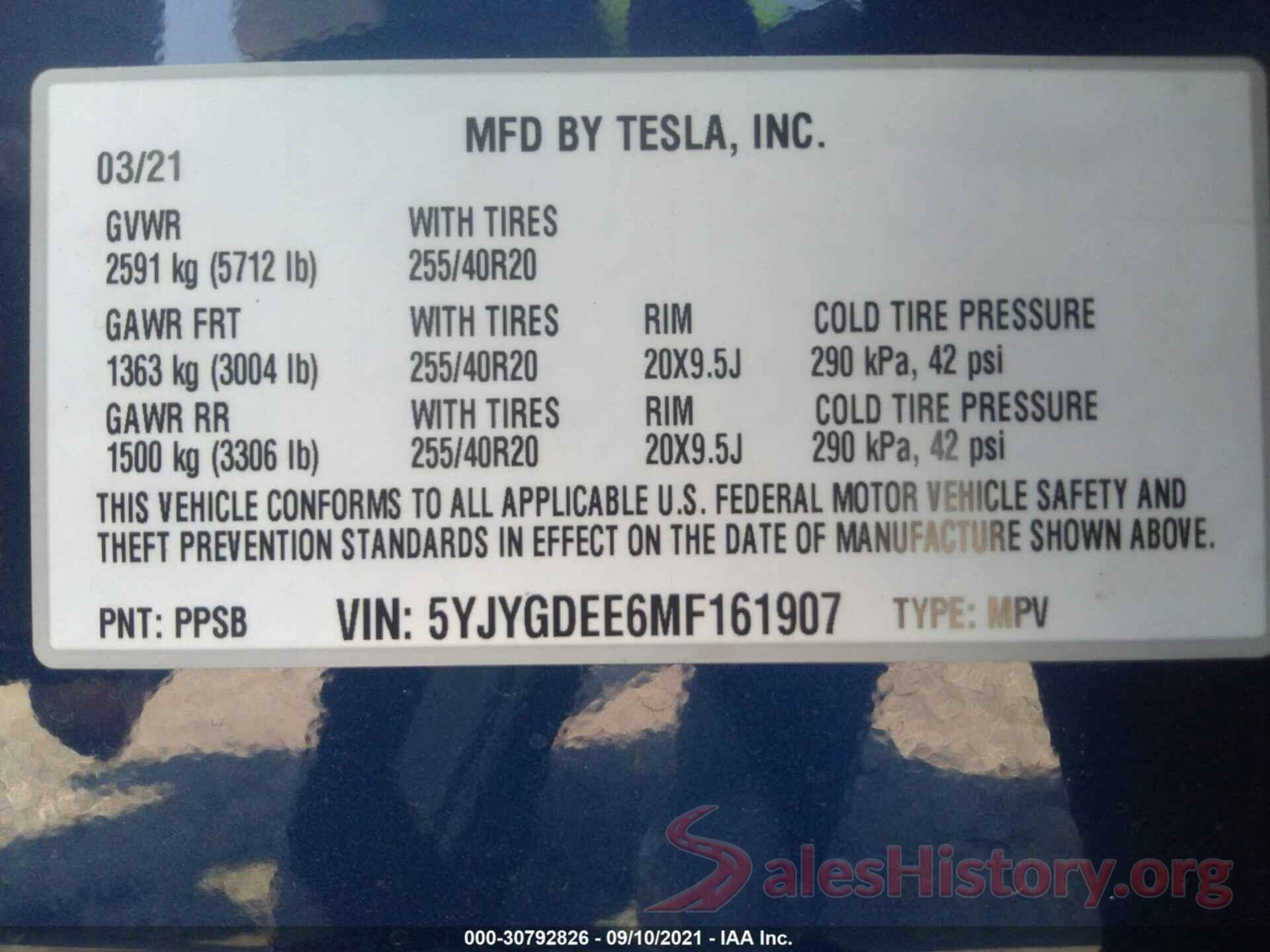 5YJYGDEE6MF161907 2021 TESLA MODEL Y