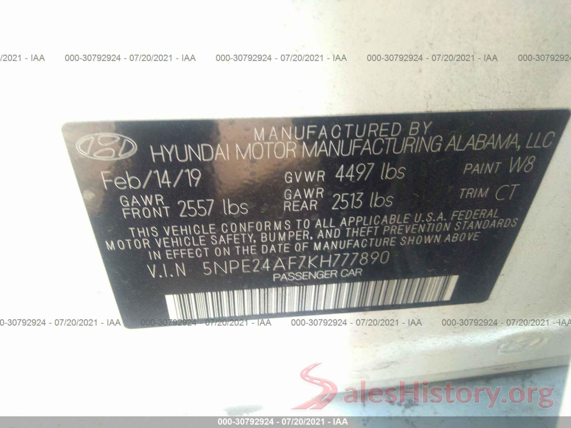 5NPE24AF7KH777890 2019 HYUNDAI SONATA