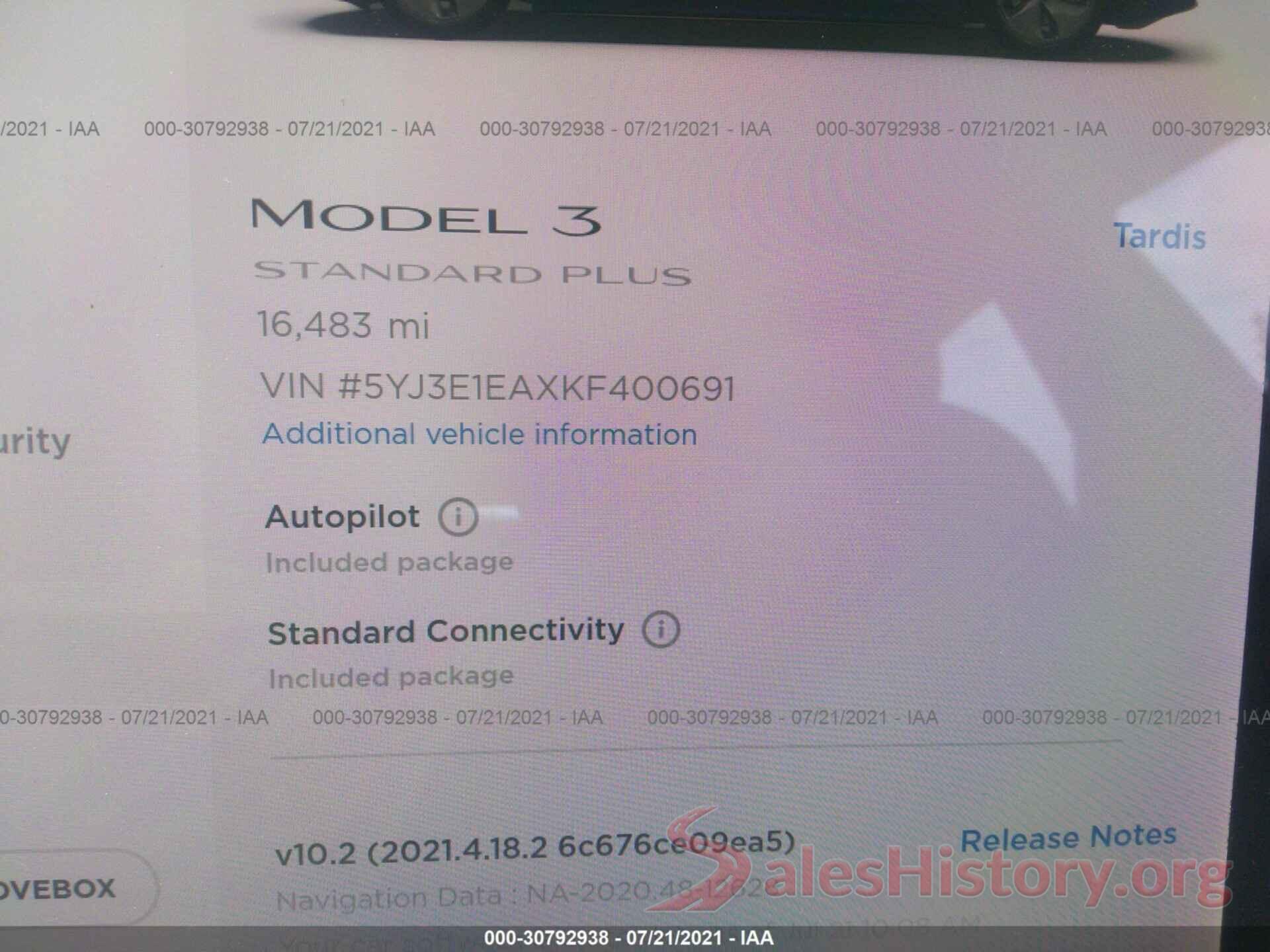 5YJ3E1EAXKF400691 2019 TESLA MODEL 3