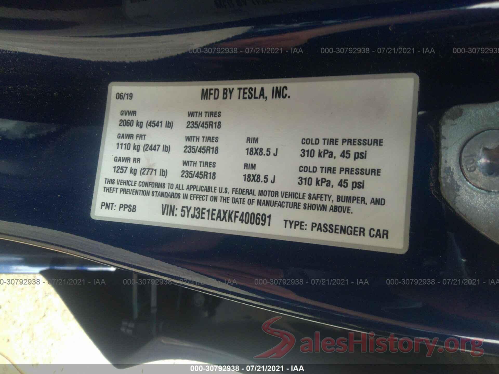 5YJ3E1EAXKF400691 2019 TESLA MODEL 3