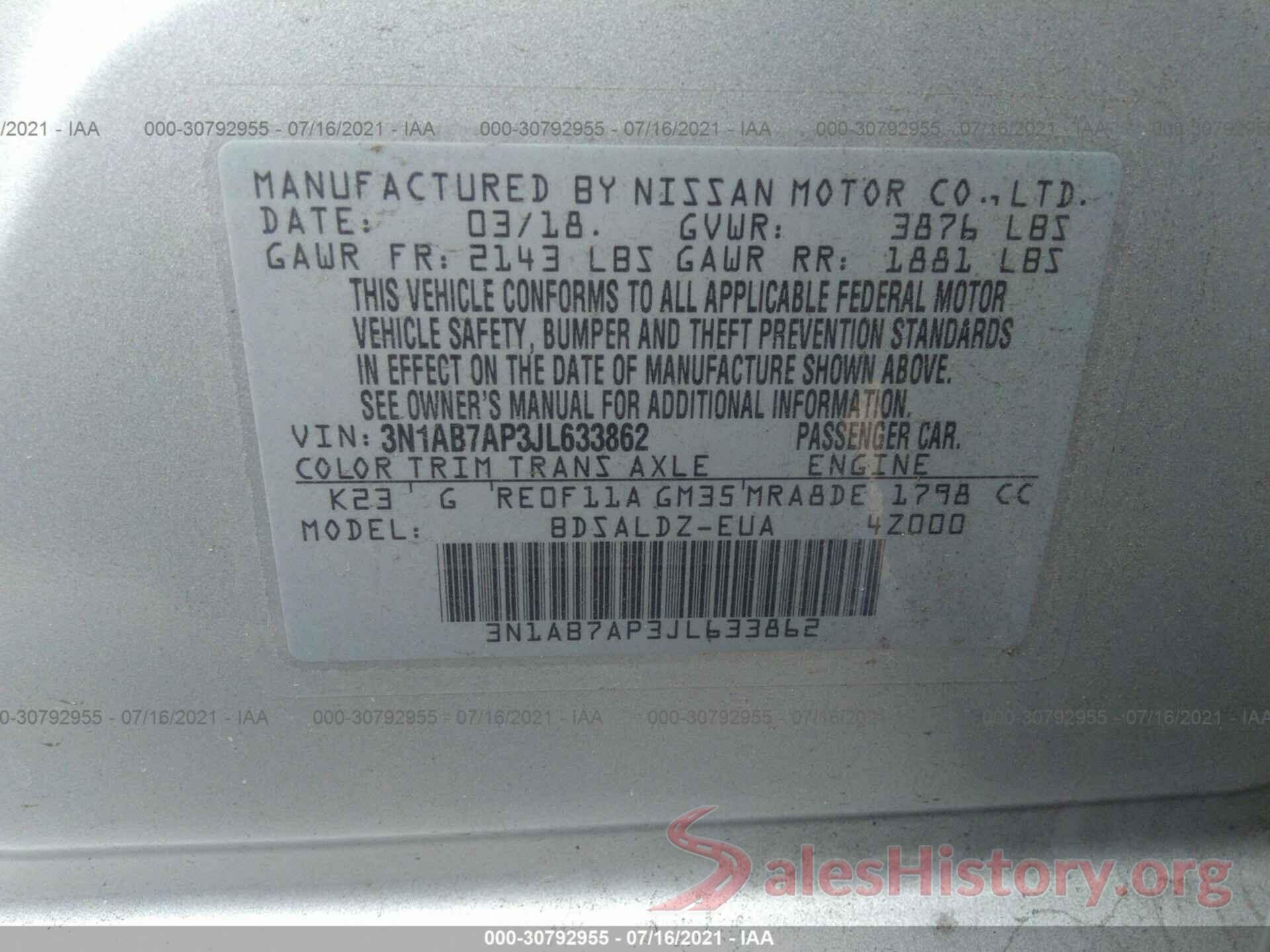 3N1AB7AP3JL633862 2018 NISSAN SENTRA