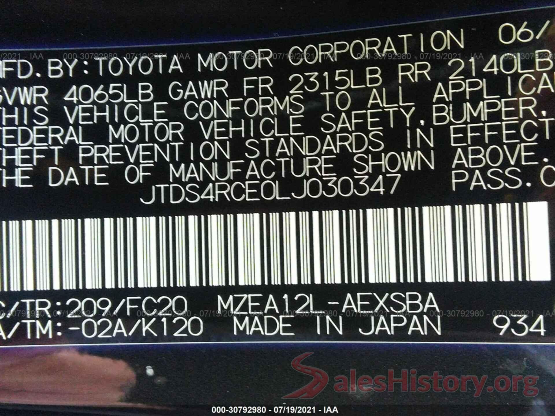 JTDS4RCE0LJ030347 2020 TOYOTA COROLLA