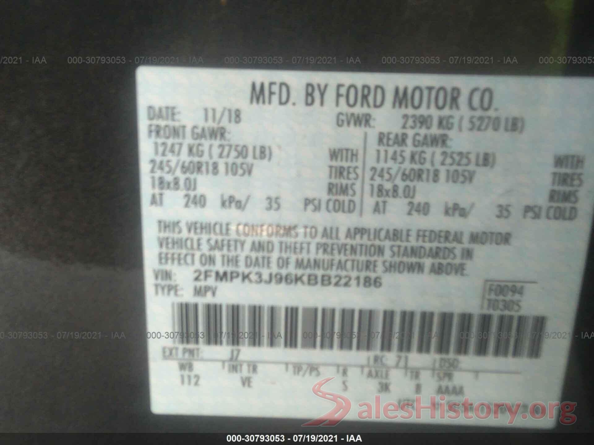 2FMPK3J96KBB22186 2019 FORD EDGE