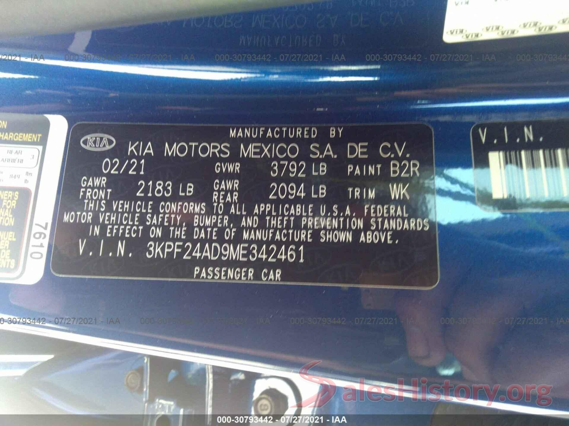 3KPF24AD9ME342461 2021 KIA FORTE