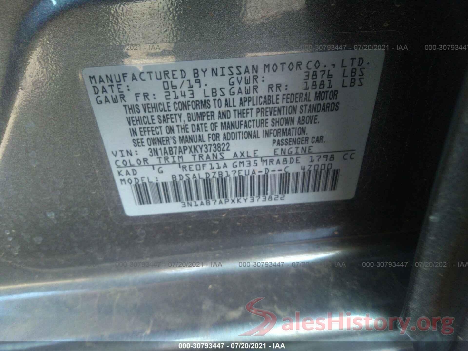 3N1AB7APXKY373822 2019 NISSAN SENTRA