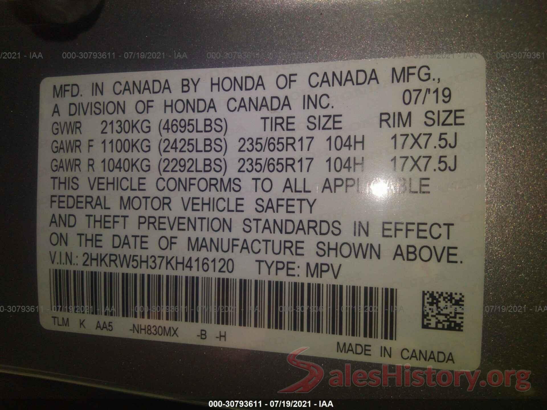 2HKRW5H37KH416120 2019 HONDA CR-V