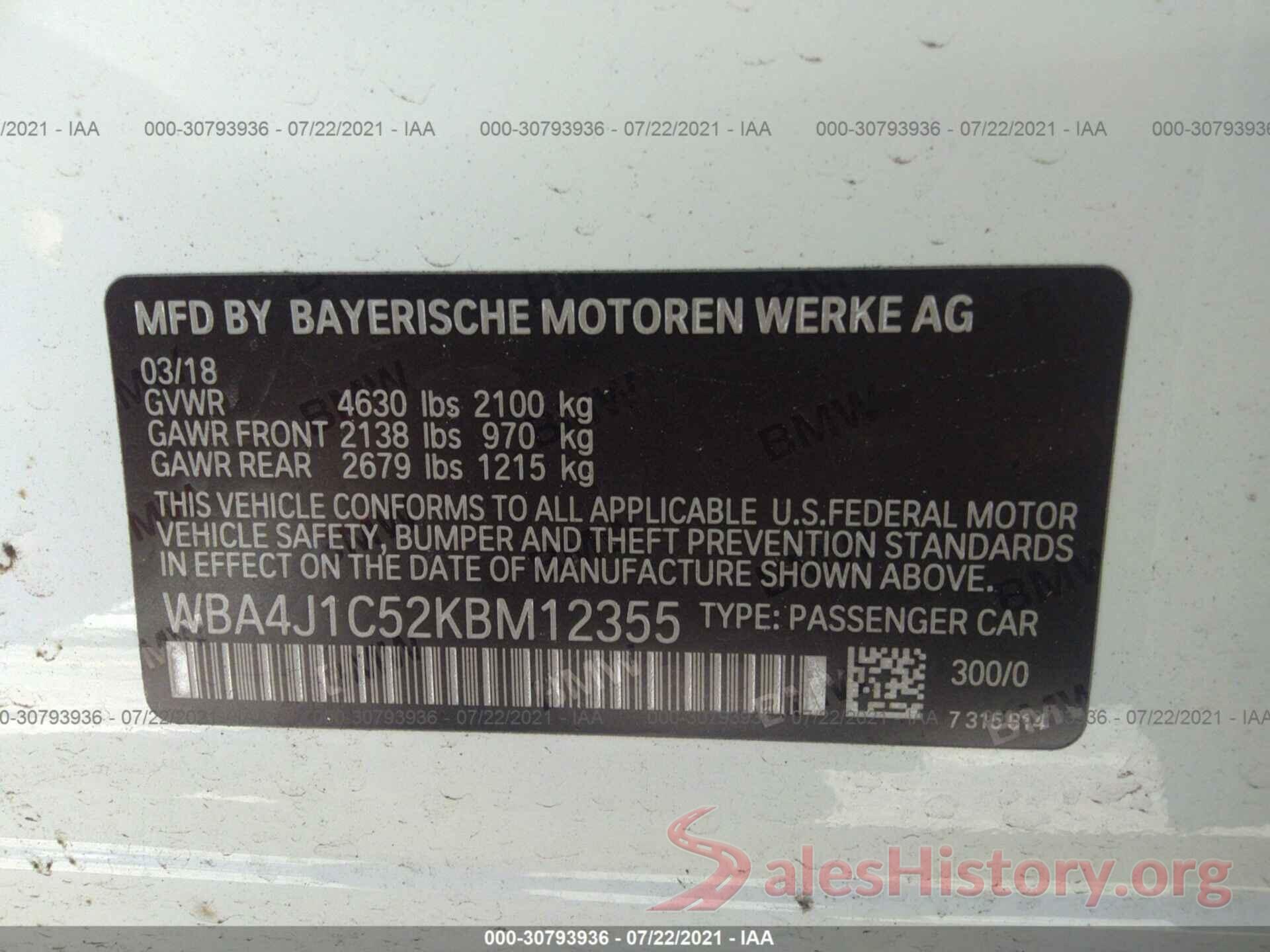 WBA4J1C52KBM12355 2019 BMW 4 SERIES