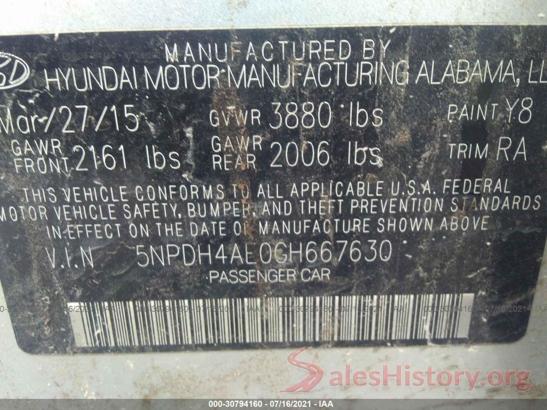 5NPDH4AE0GH667630 2016 HYUNDAI ELANTRA