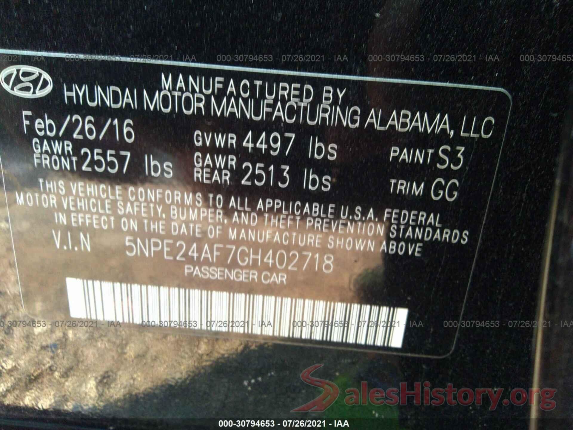 5NPE24AF7GH402718 2016 HYUNDAI SONATA