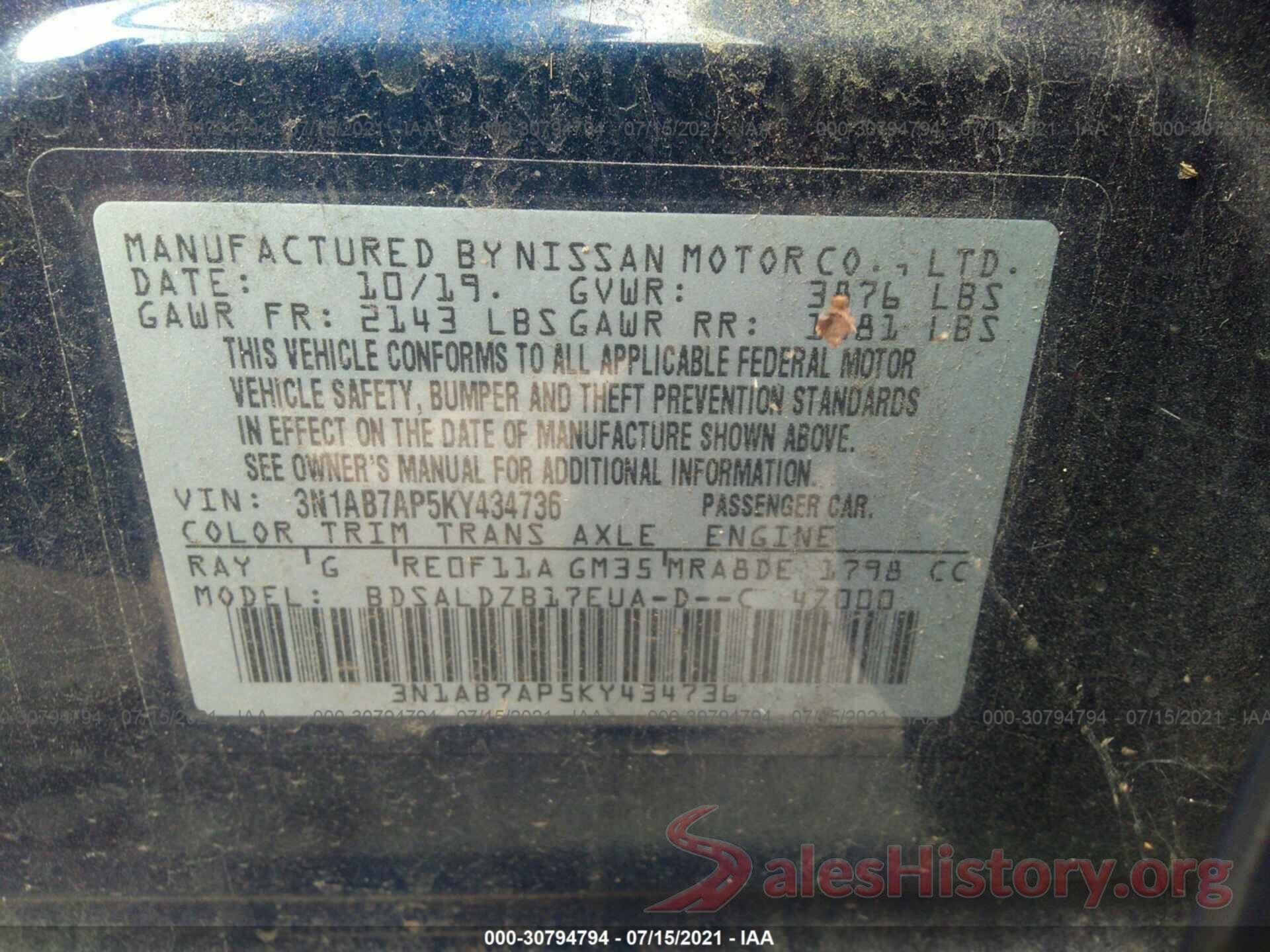 3N1AB7AP5KY434736 2019 NISSAN SENTRA