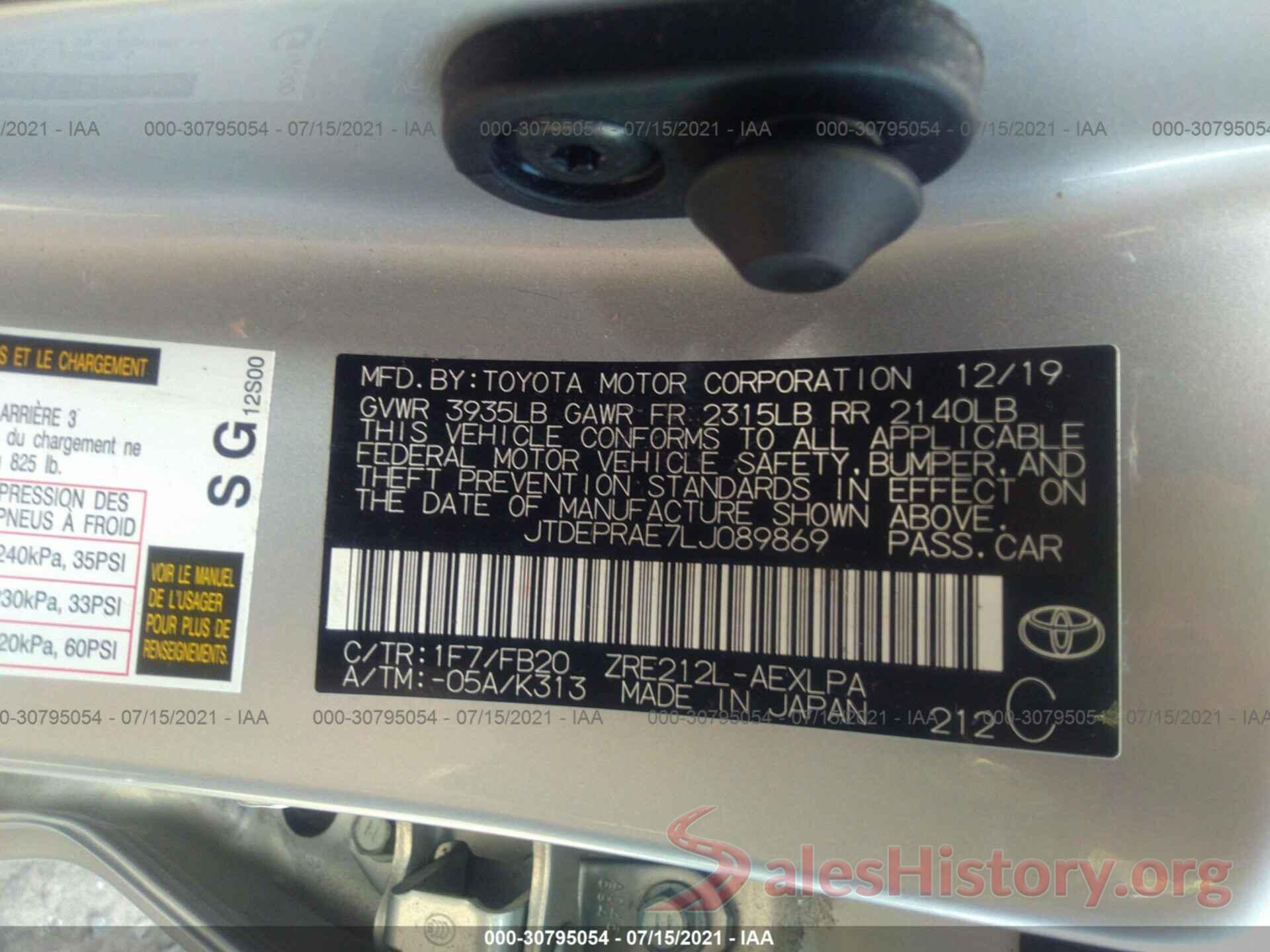 JTDEPRAE7LJ089869 2020 TOYOTA COROLLA