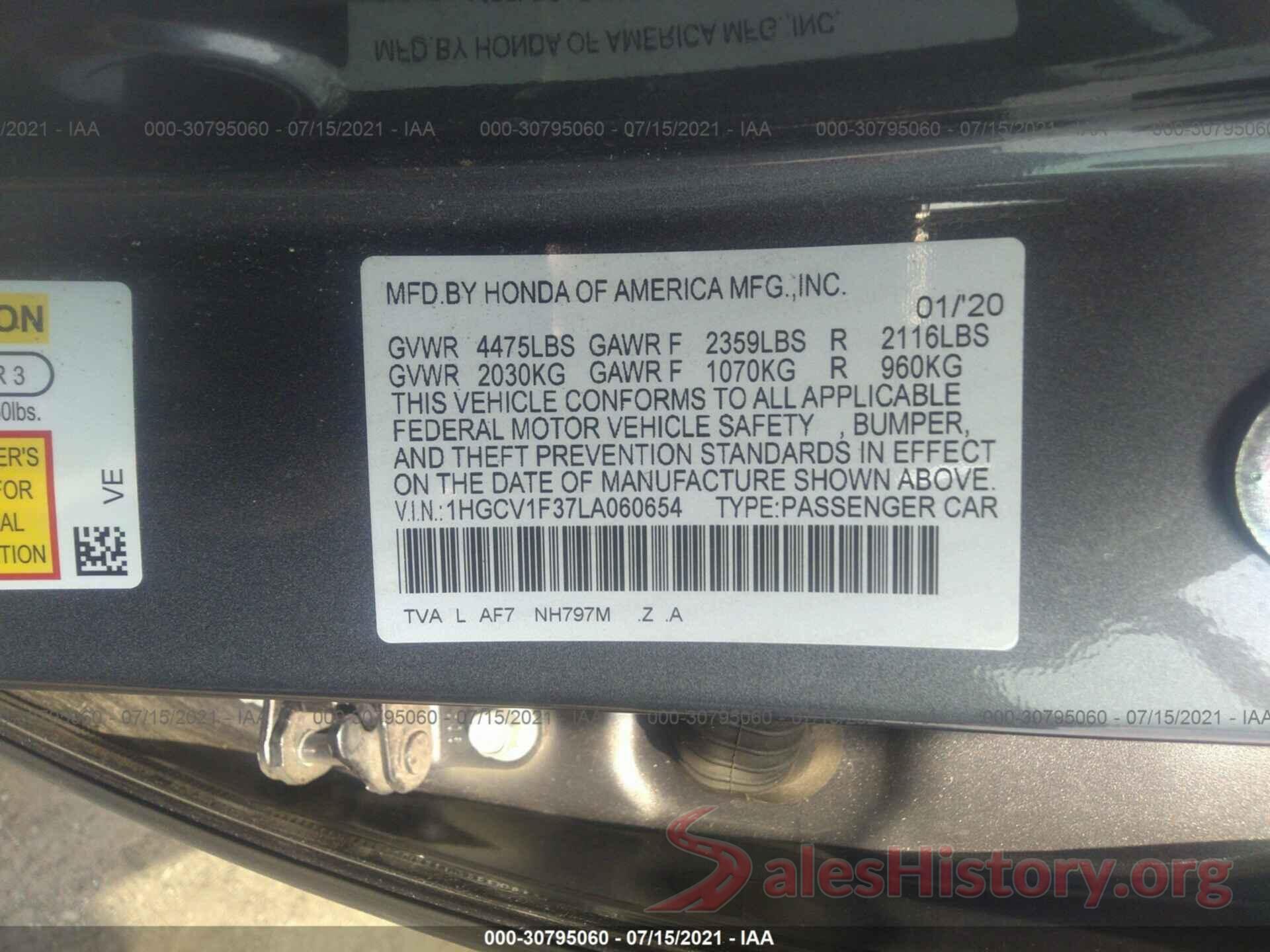 1HGCV1F37LA060654 2020 HONDA ACCORD SEDAN