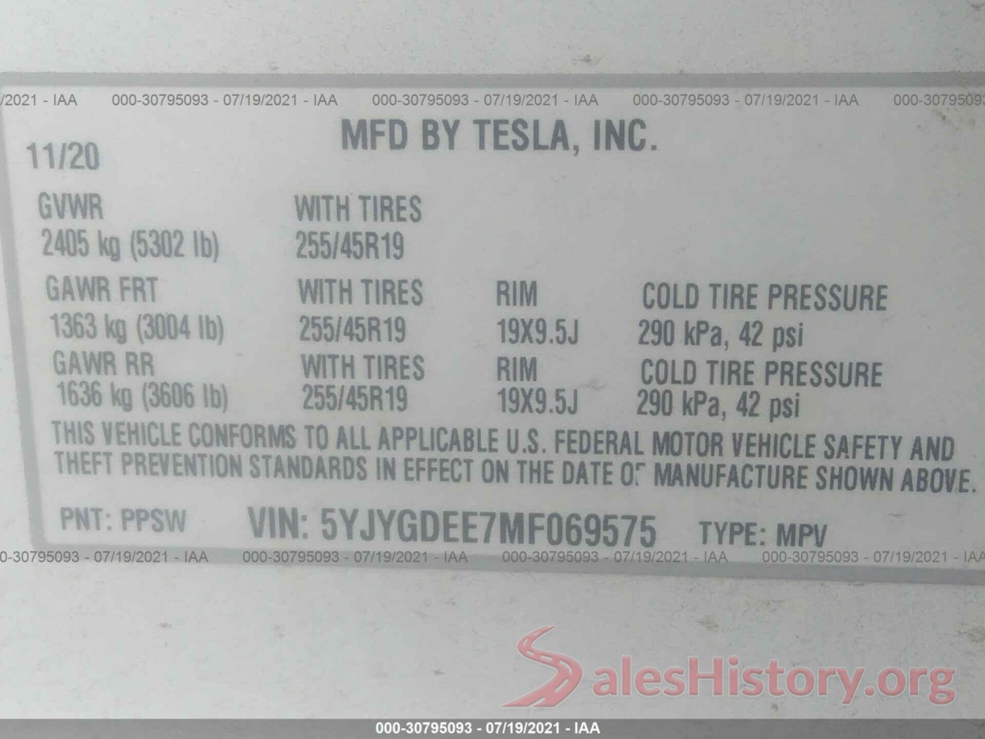 5YJYGDEE7MF069575 2021 TESLA MODEL Y