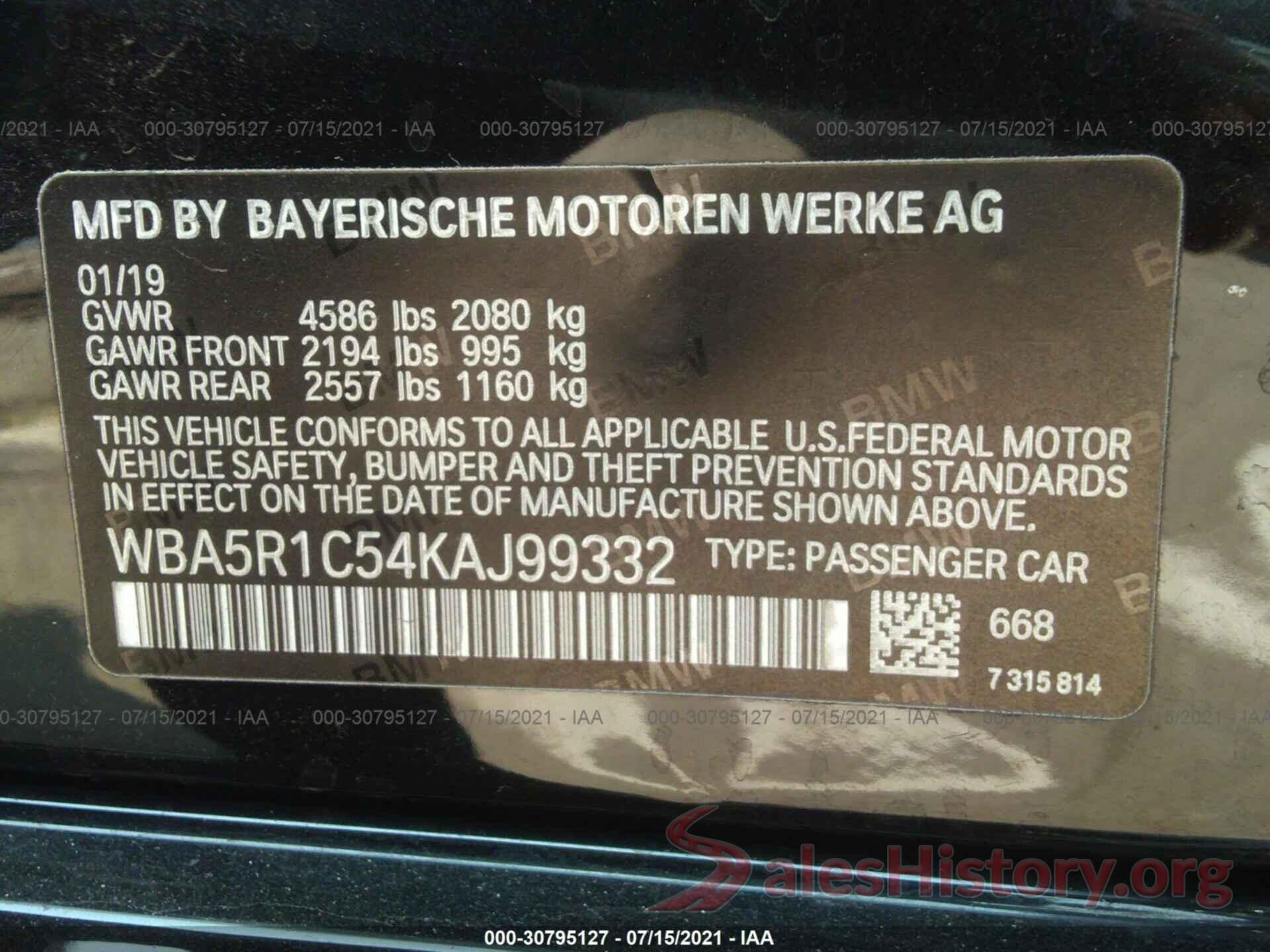 WBA5R1C54KAJ99332 2019 BMW 3 SERIES