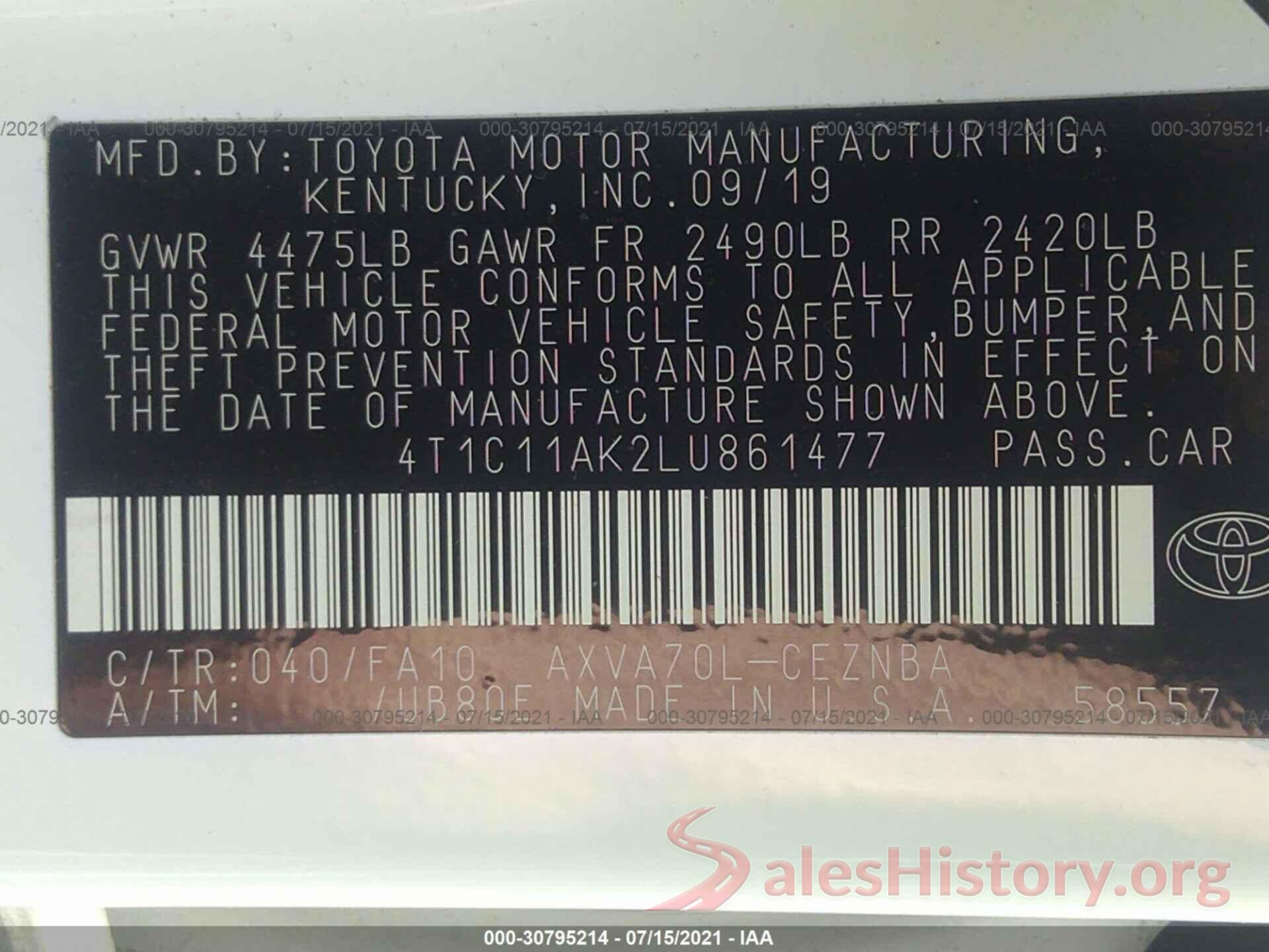 4T1C11AK2LU861477 2020 TOYOTA CAMRY