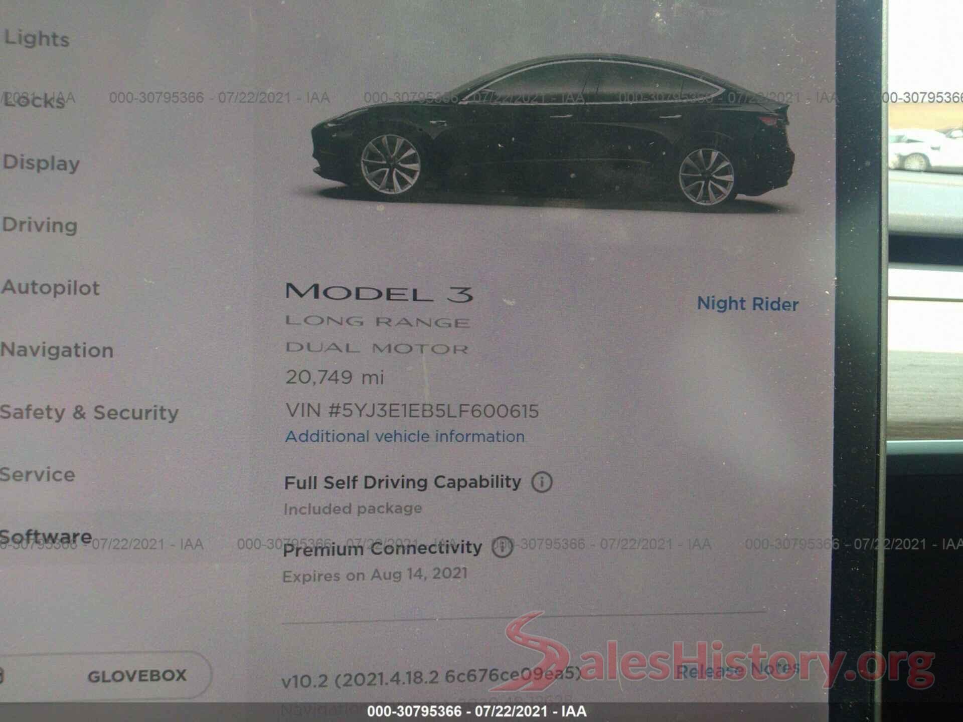 5YJ3E1EB5LF600615 2020 TESLA MODEL 3