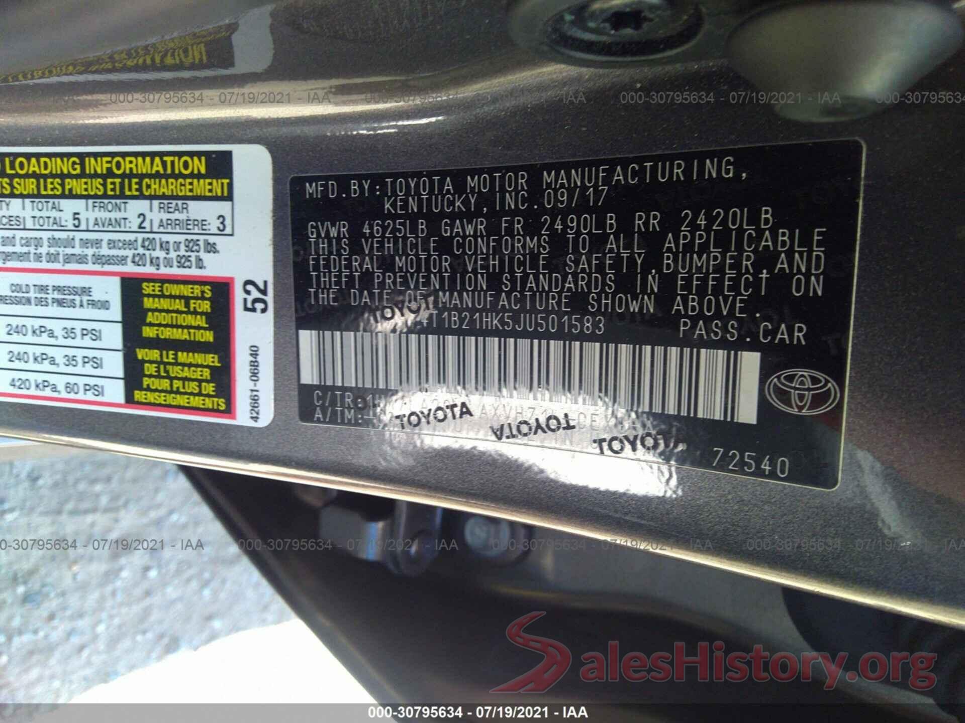 4T1B21HK5JU501583 2018 TOYOTA CAMRY