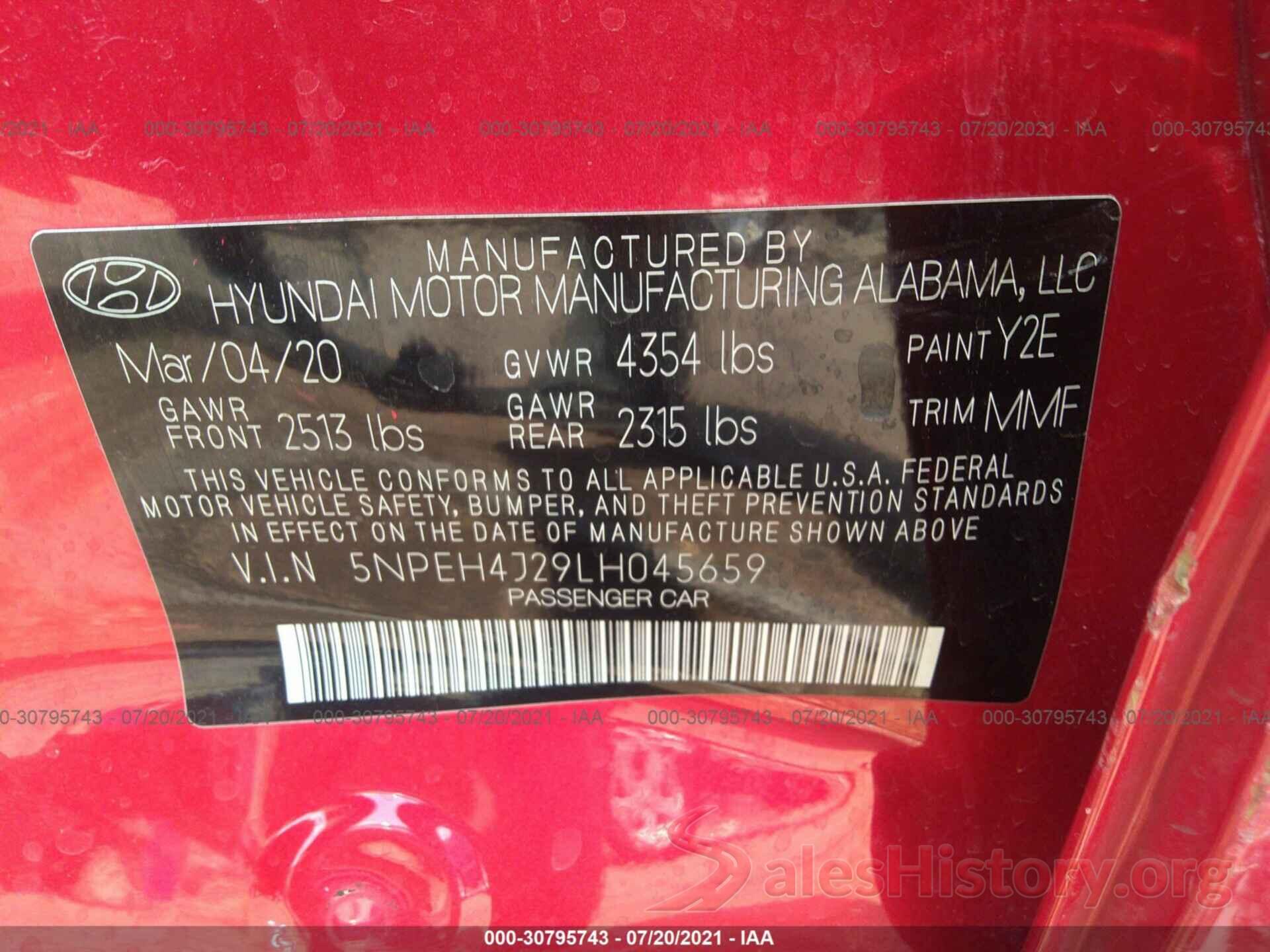 5NPEH4J29LH045659 2020 HYUNDAI SONATA