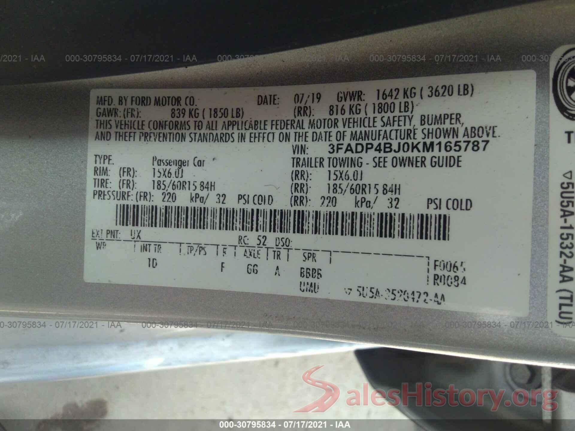 3FADP4BJ0KM165787 2019 FORD FIESTA