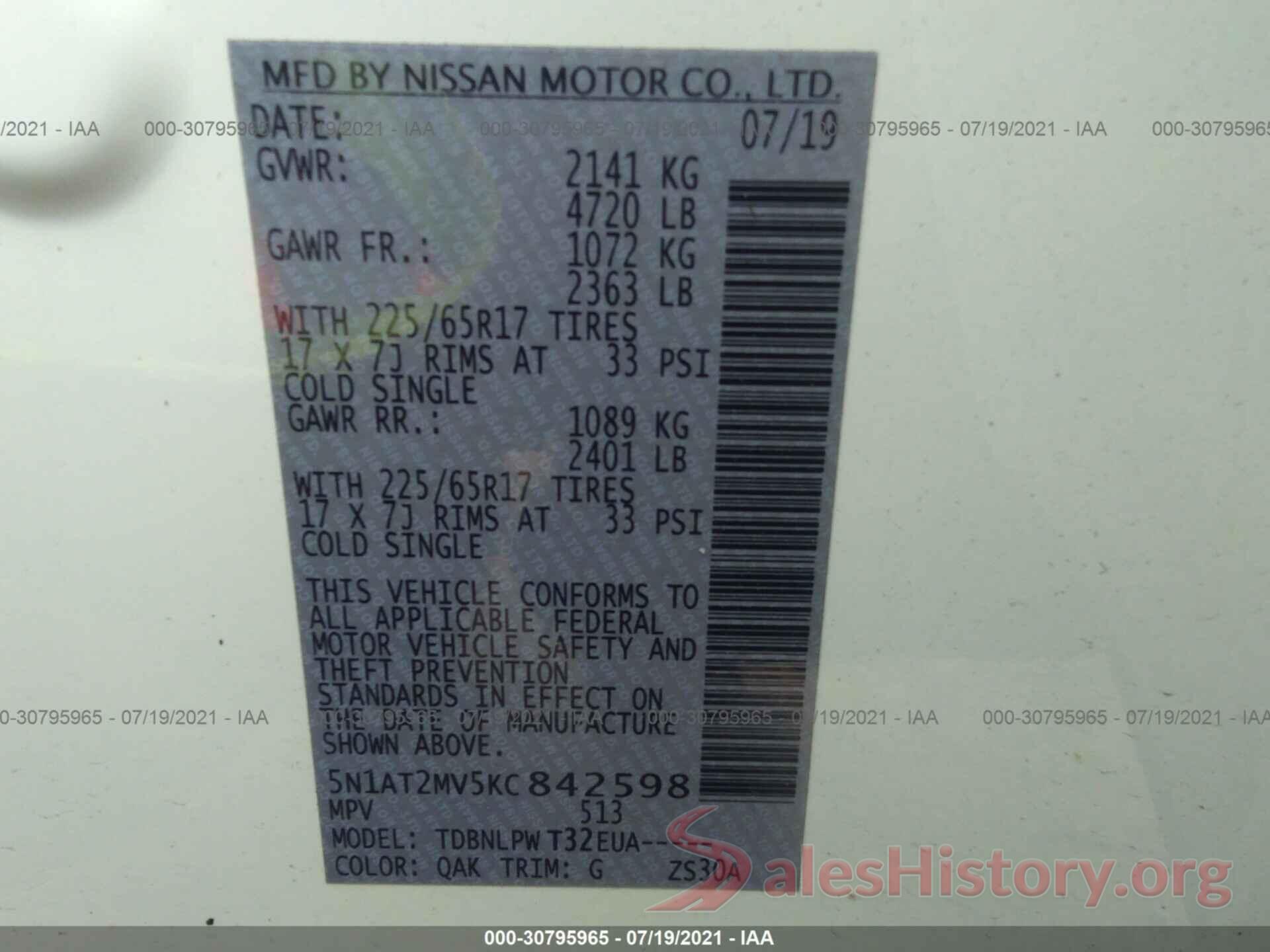 5N1AT2MV5KC842598 2019 NISSAN ROGUE