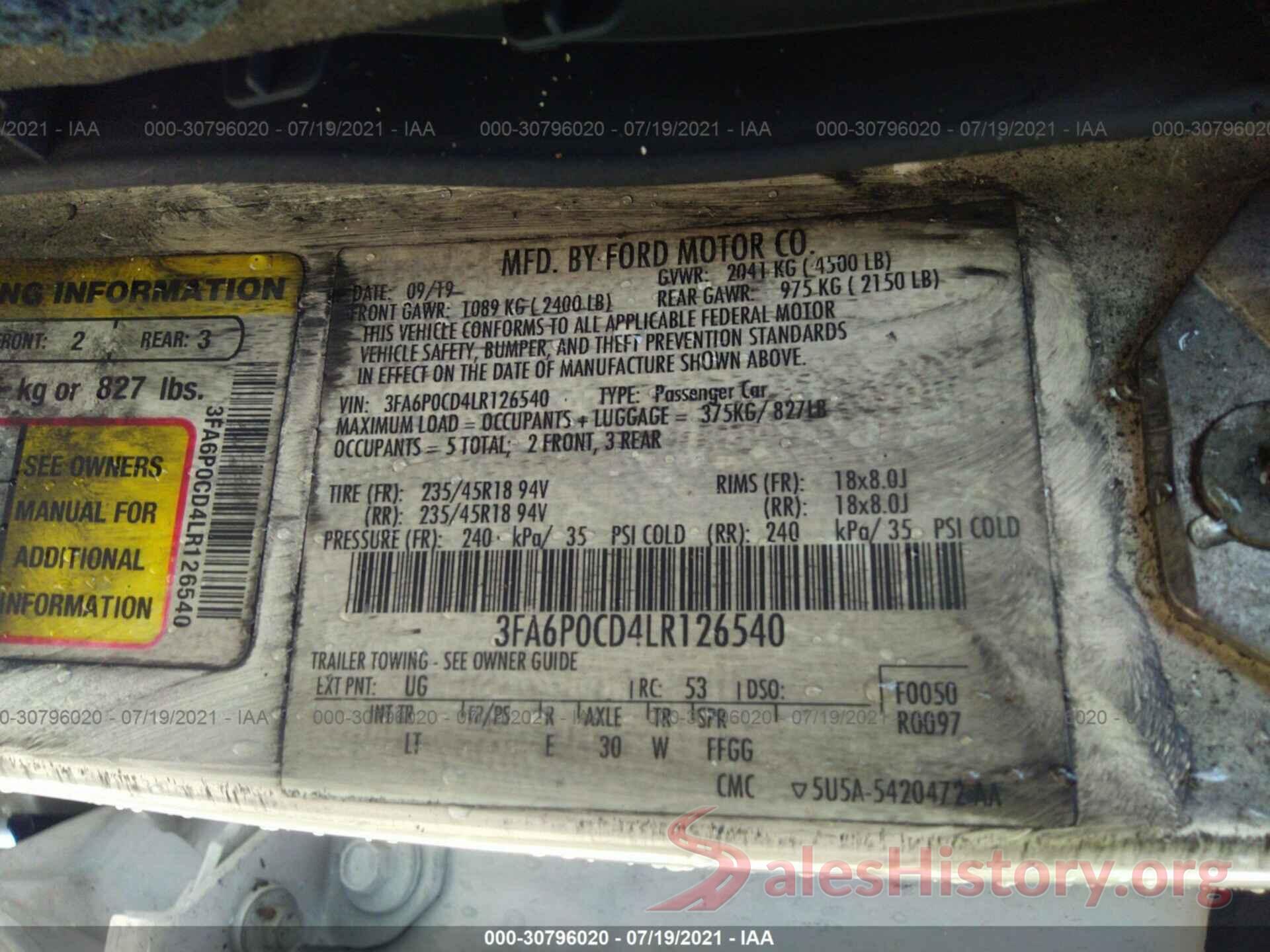 3FA6P0CD4LR126540 2020 FORD FUSION