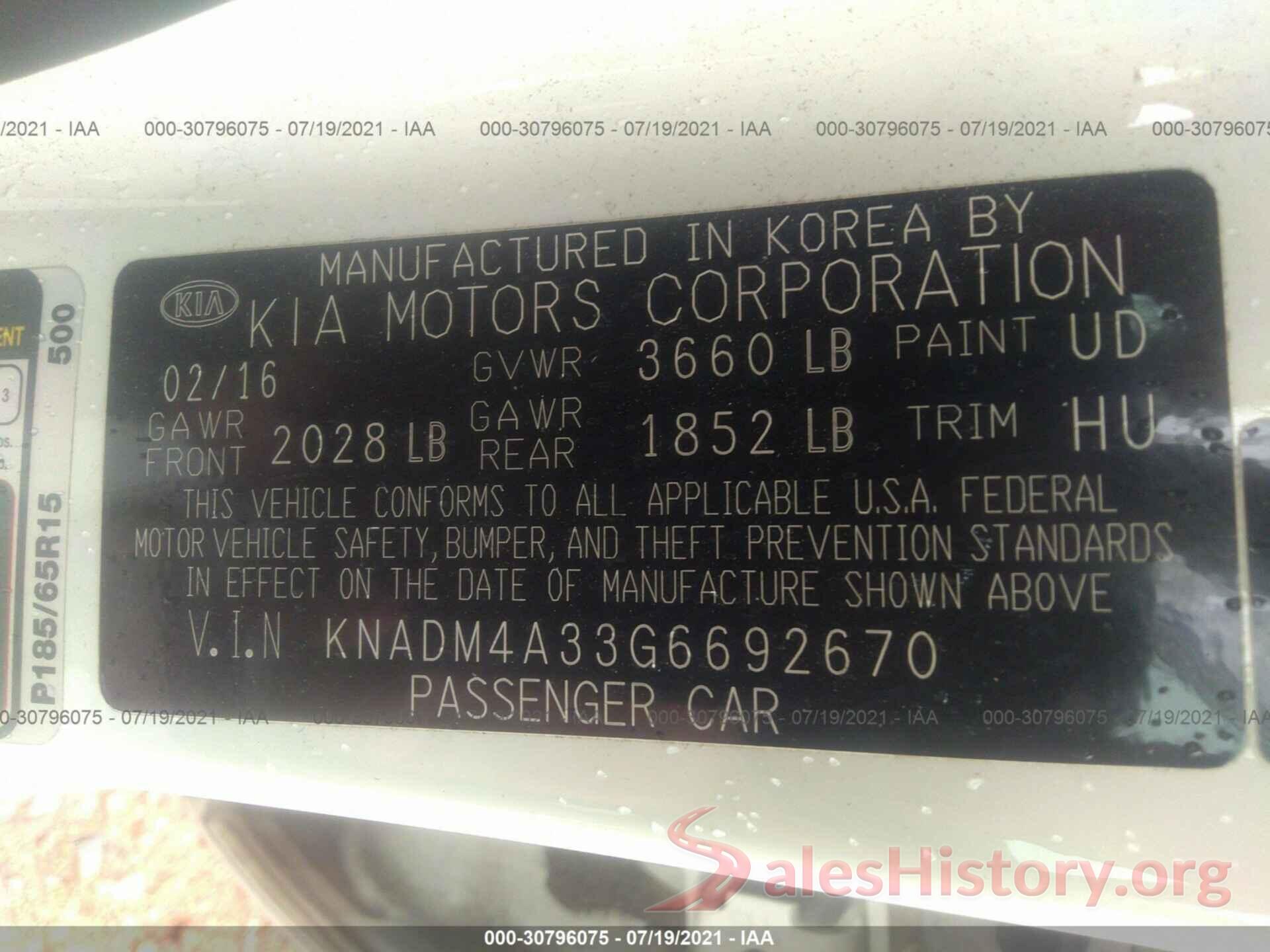 KNADM4A33G6692670 2016 KIA RIO