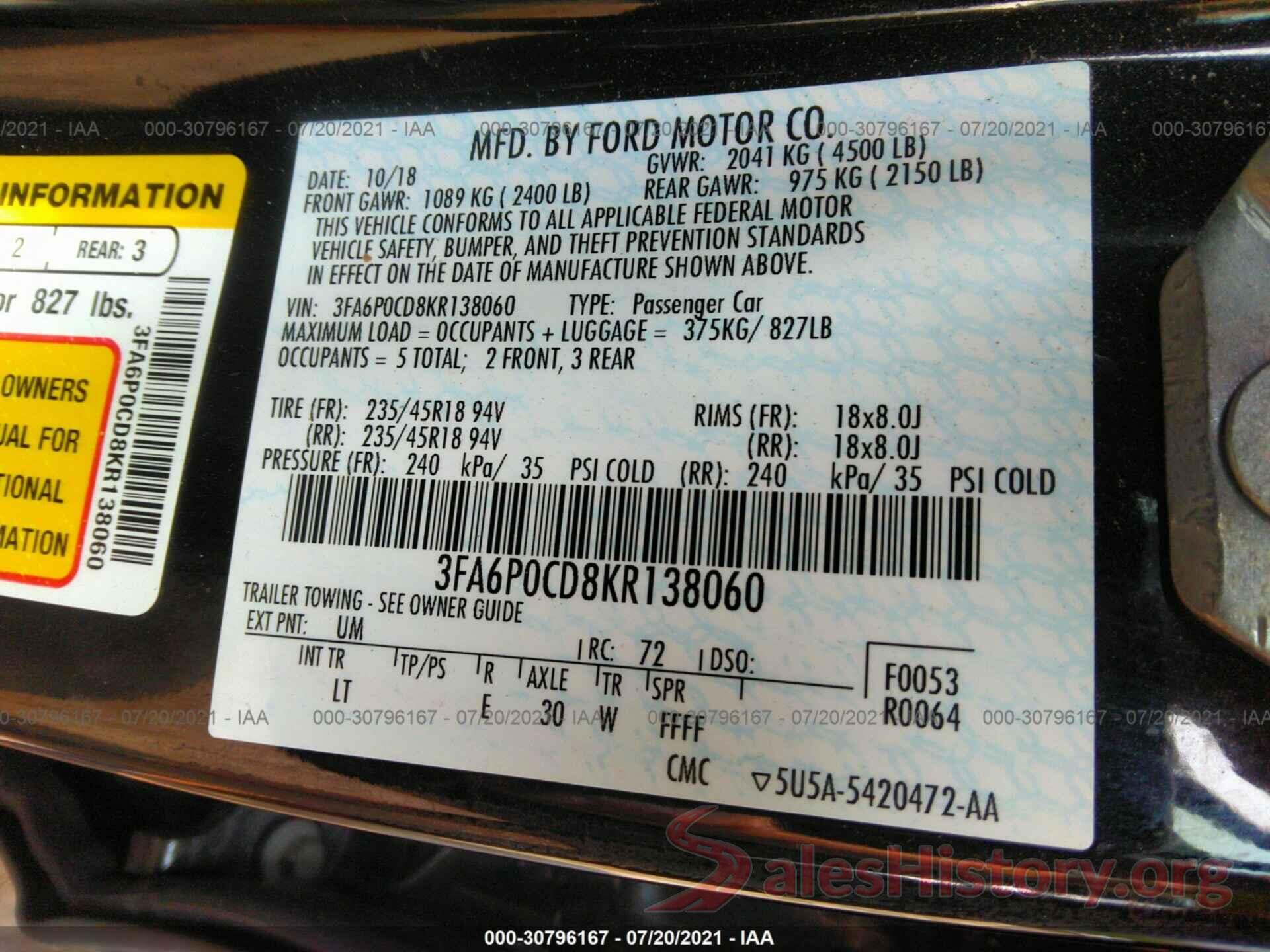 3FA6P0CD8KR138060 2019 FORD FUSION