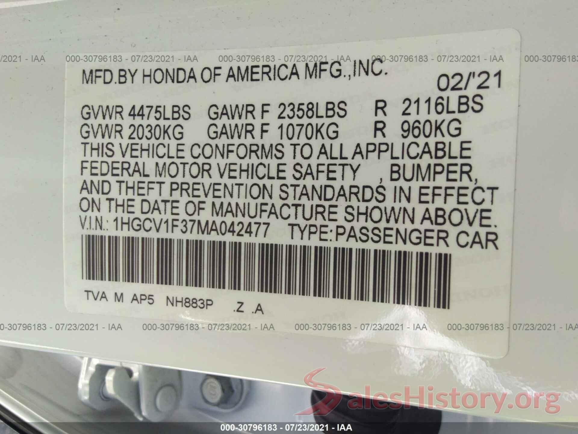 1HGCV1F37MA042477 2021 HONDA ACCORD SEDAN