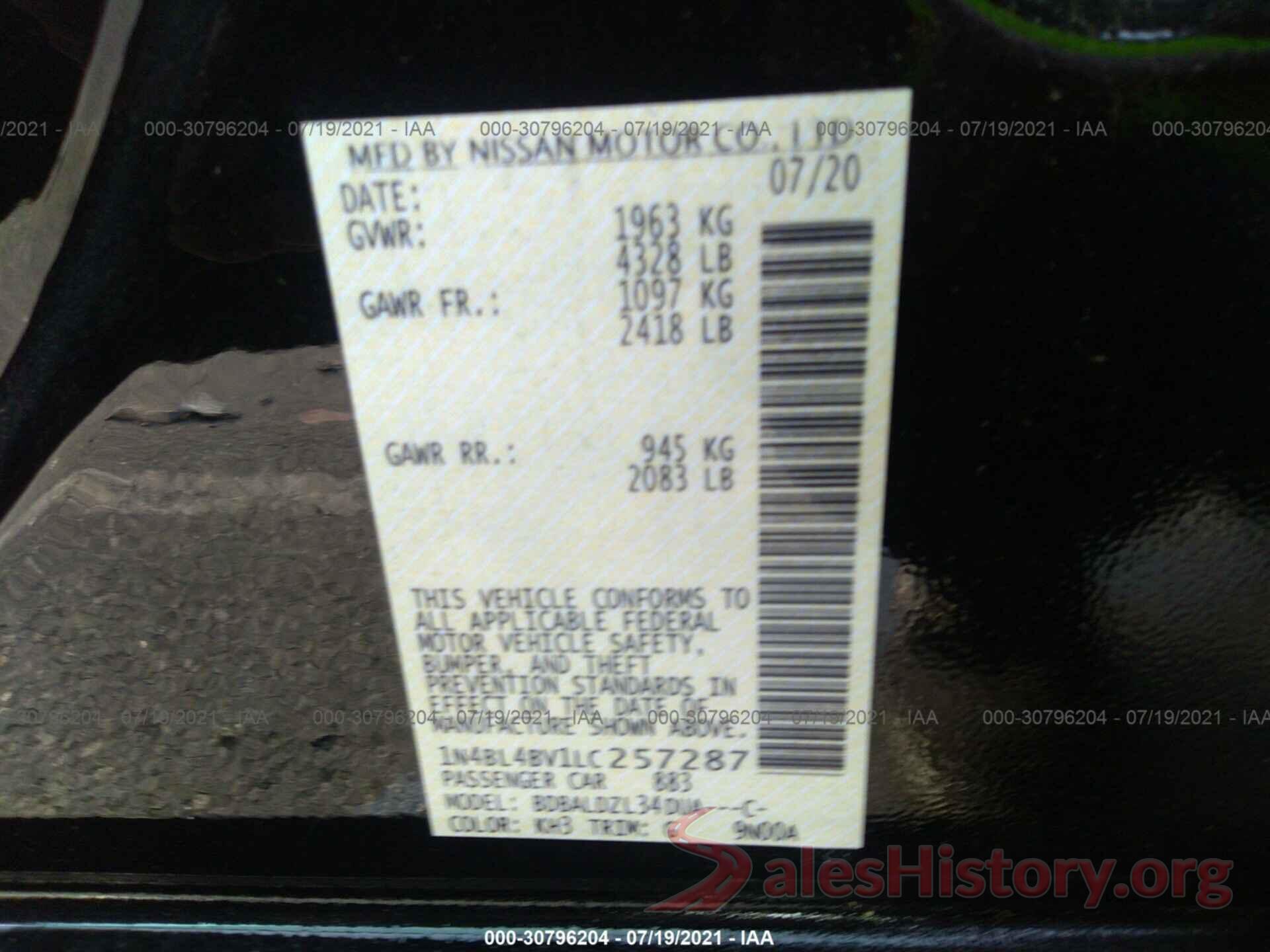 1N4BL4BV1LC257287 2020 NISSAN ALTIMA