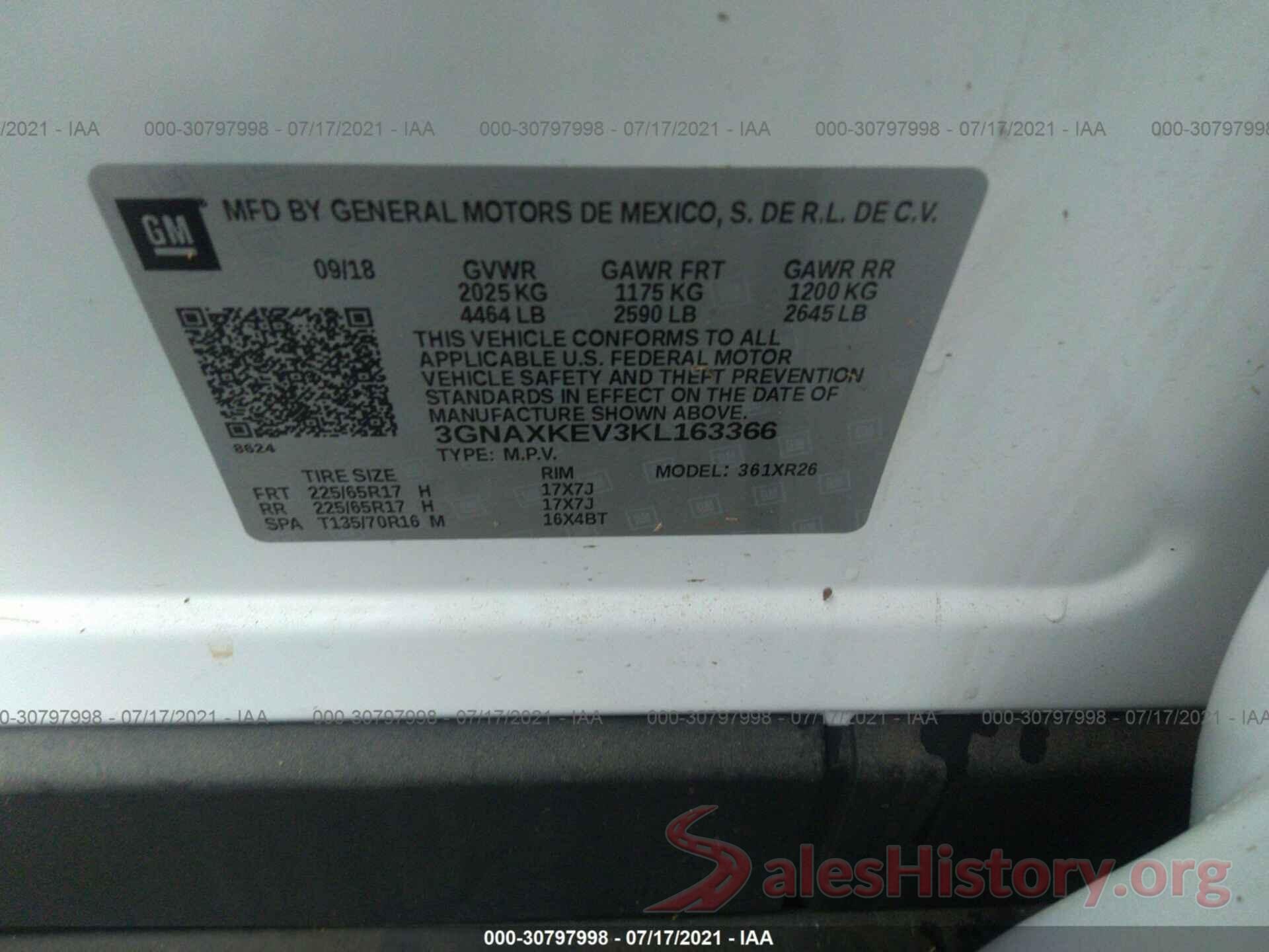 3GNAXKEV3KL163366 2019 CHEVROLET EQUINOX