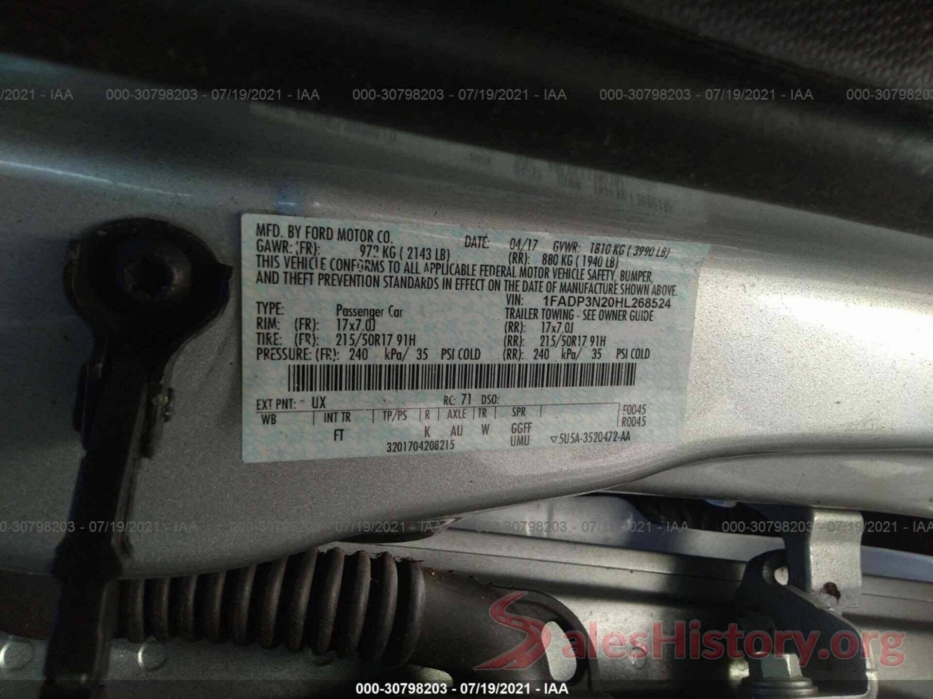 1FADP3N20HL268524 2017 FORD FOCUS