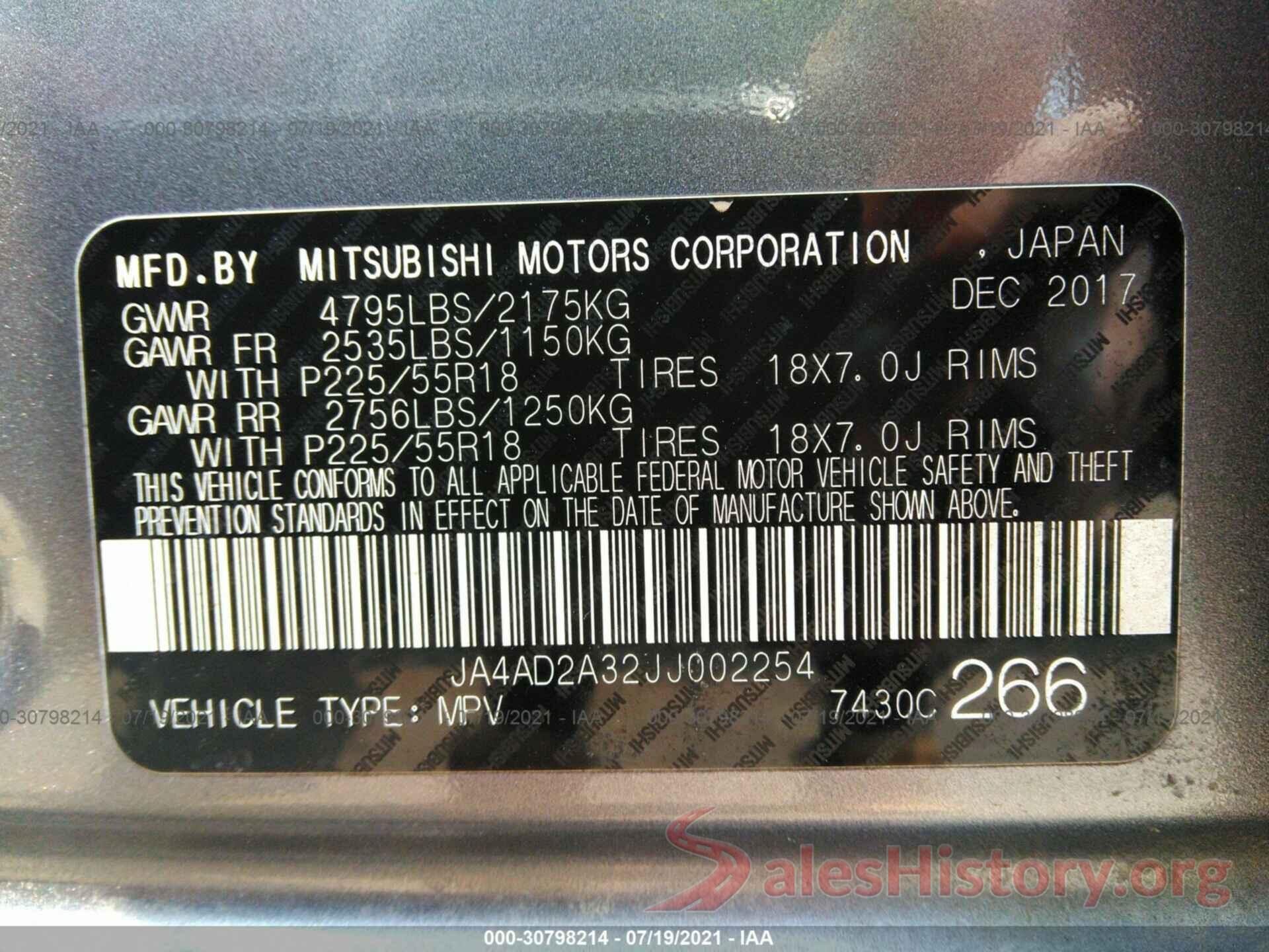 JA4AD2A32JJ002254 2018 MITSUBISHI OUTLANDER