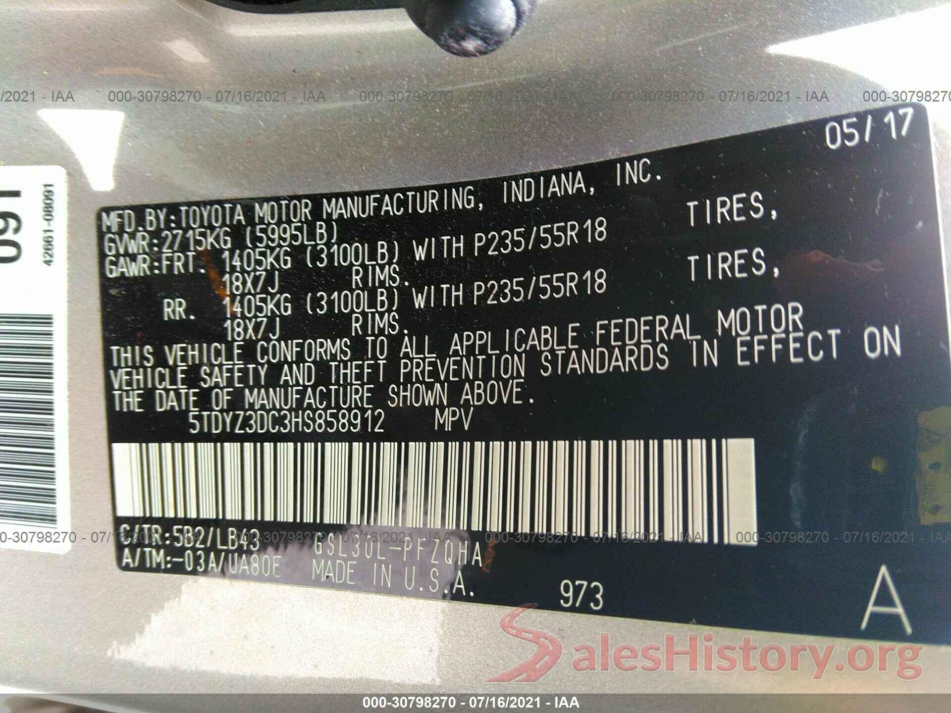 5TDYZ3DC3HS858912 2017 TOYOTA SIENNA