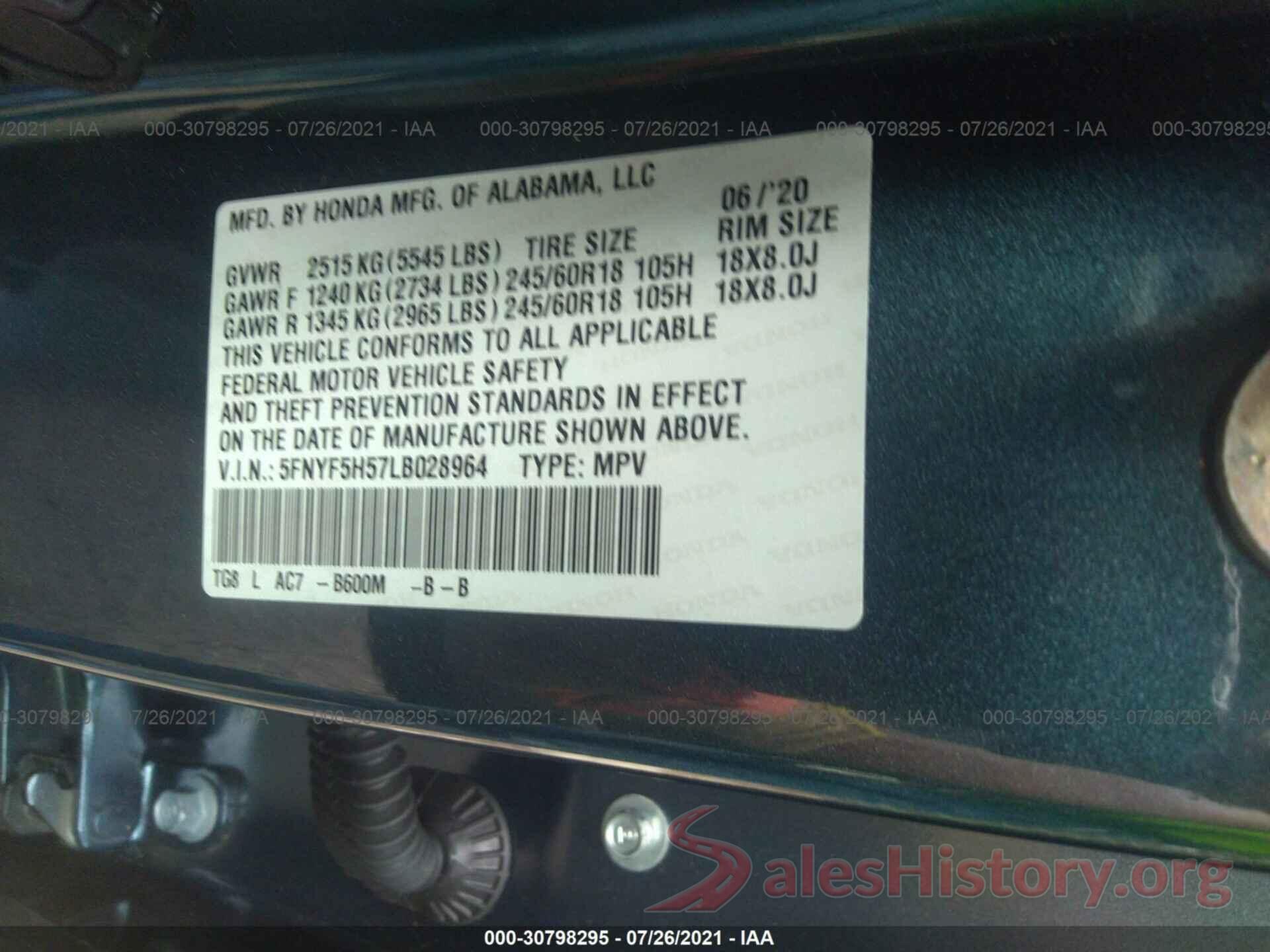 5FNYF5H57LB028964 2020 HONDA PILOT