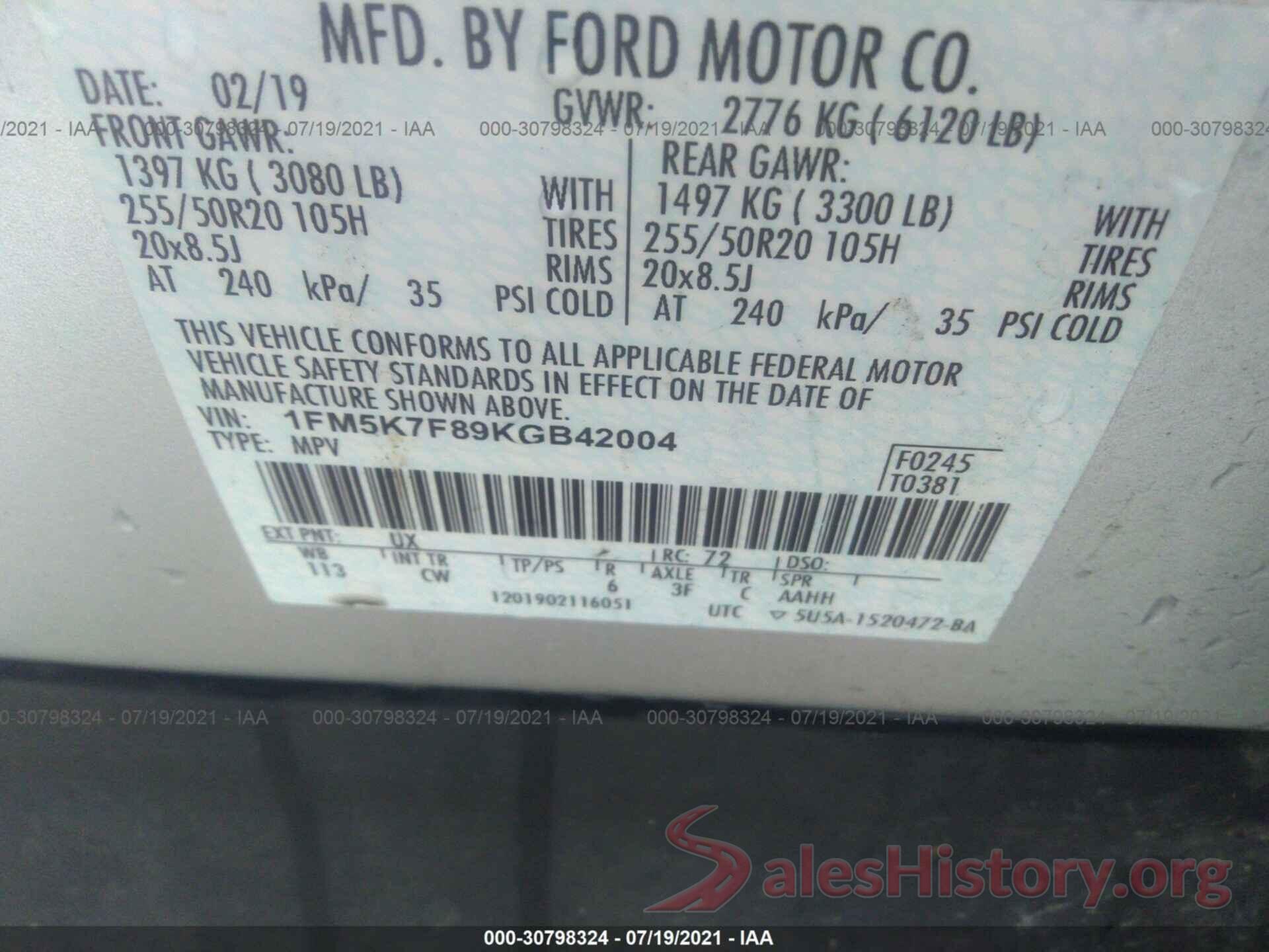 1FM5K7F89KGB42004 2019 FORD EXPLORER