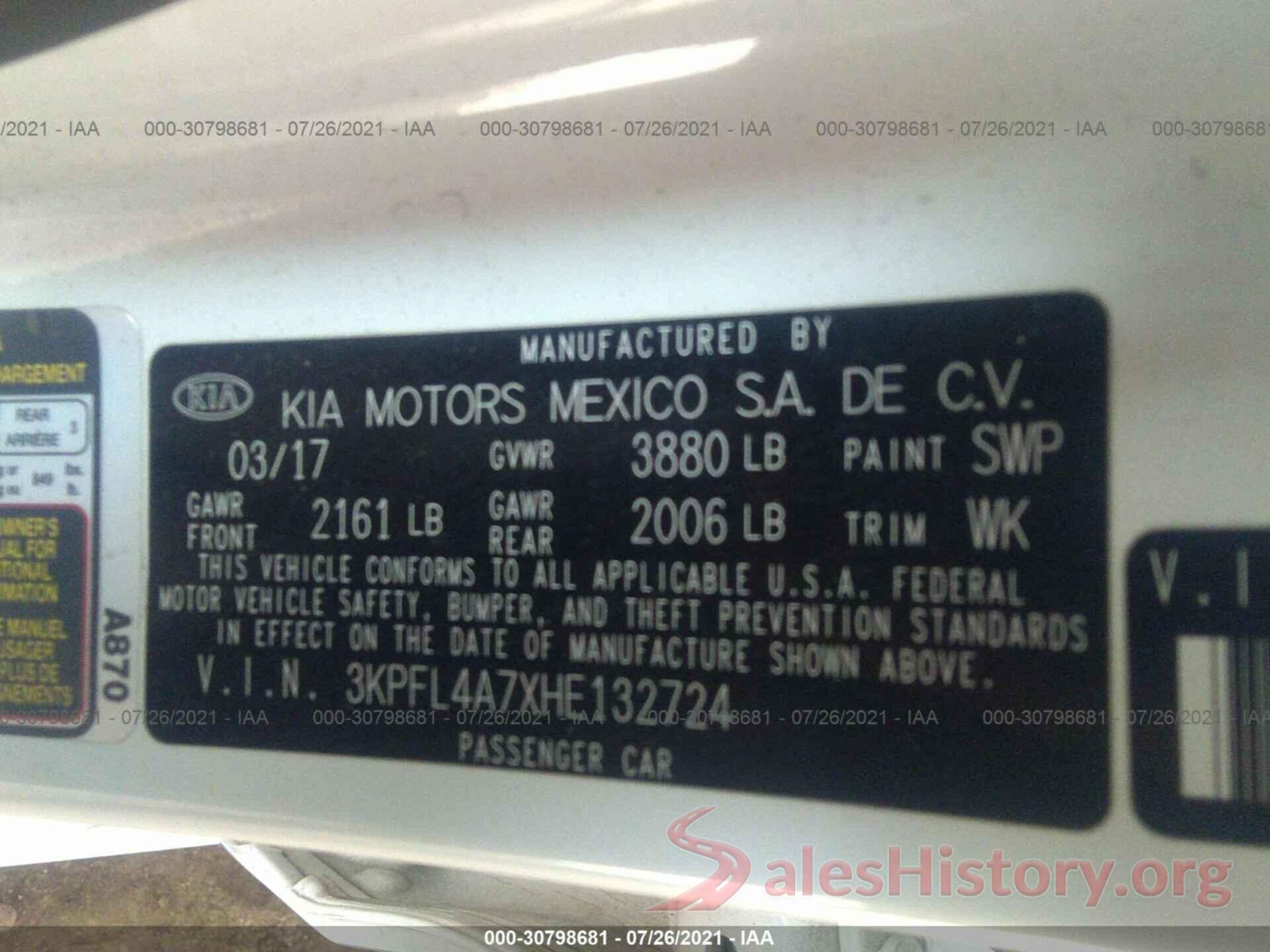 3KPFL4A7XHE132724 2017 KIA FORTE