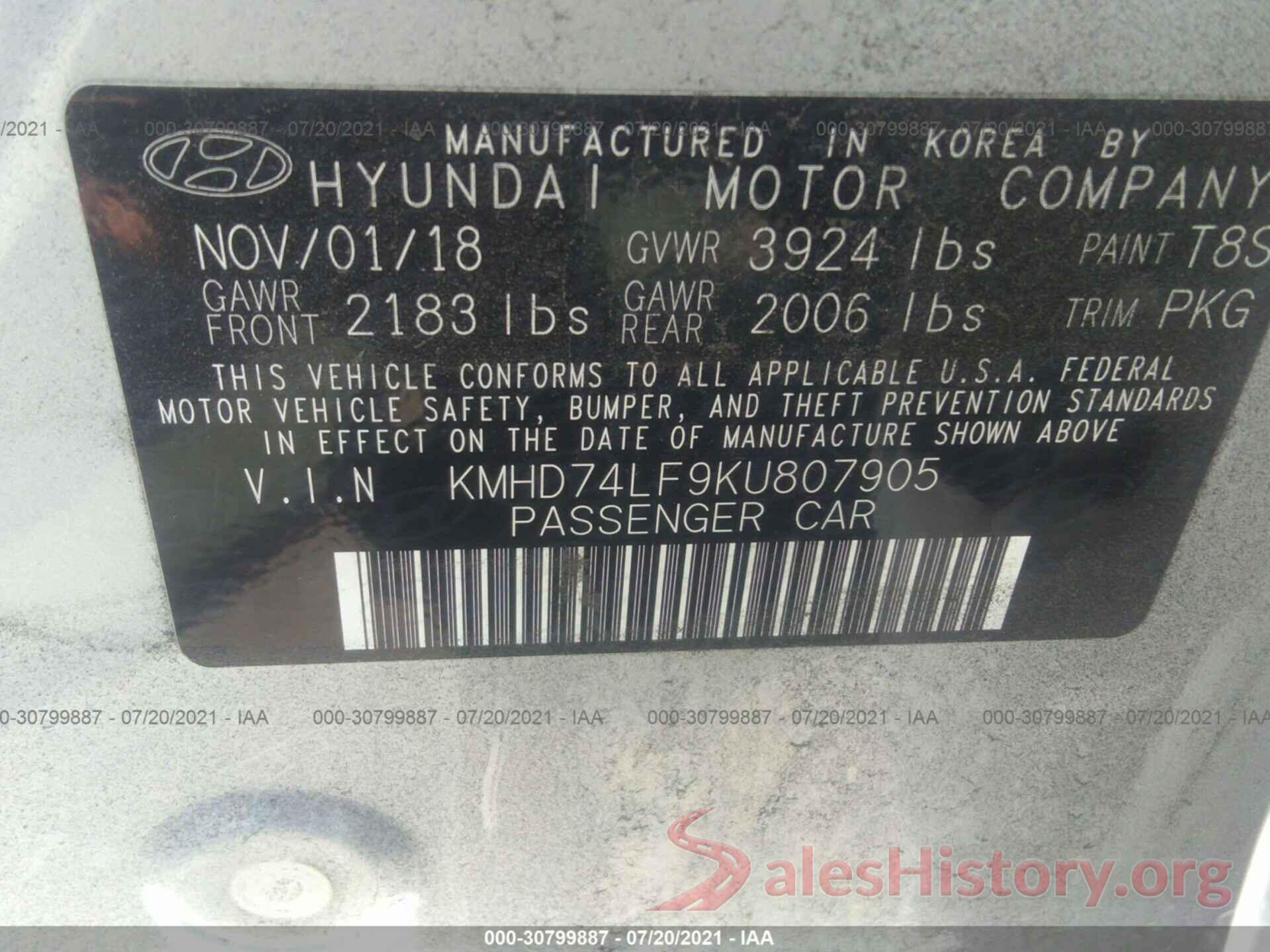 KMHD74LF9KU807905 2019 HYUNDAI ELANTRA